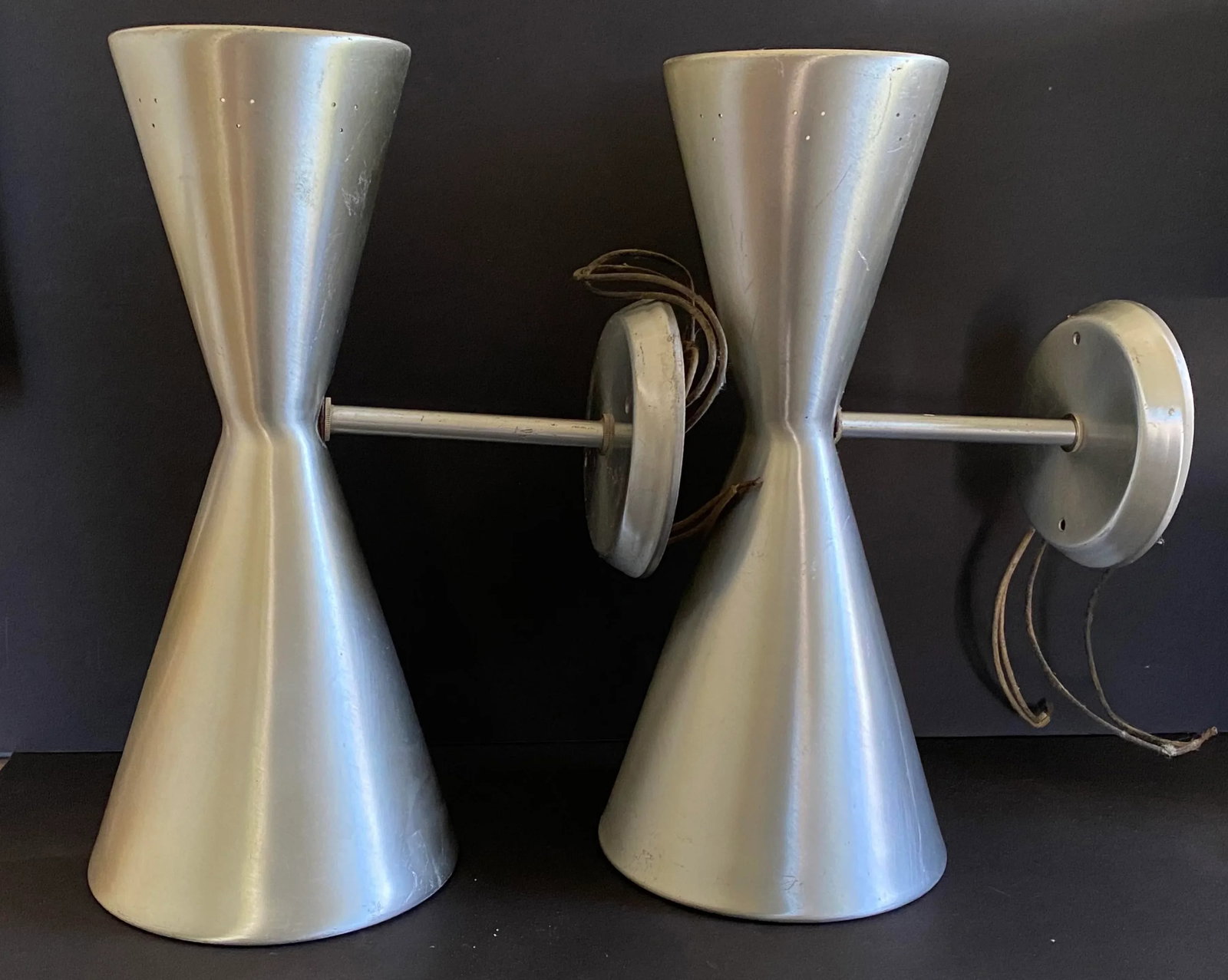 1950s Litecraft Double Cone Spun Aluminum Wall Lights Sconces - a Pair - 5