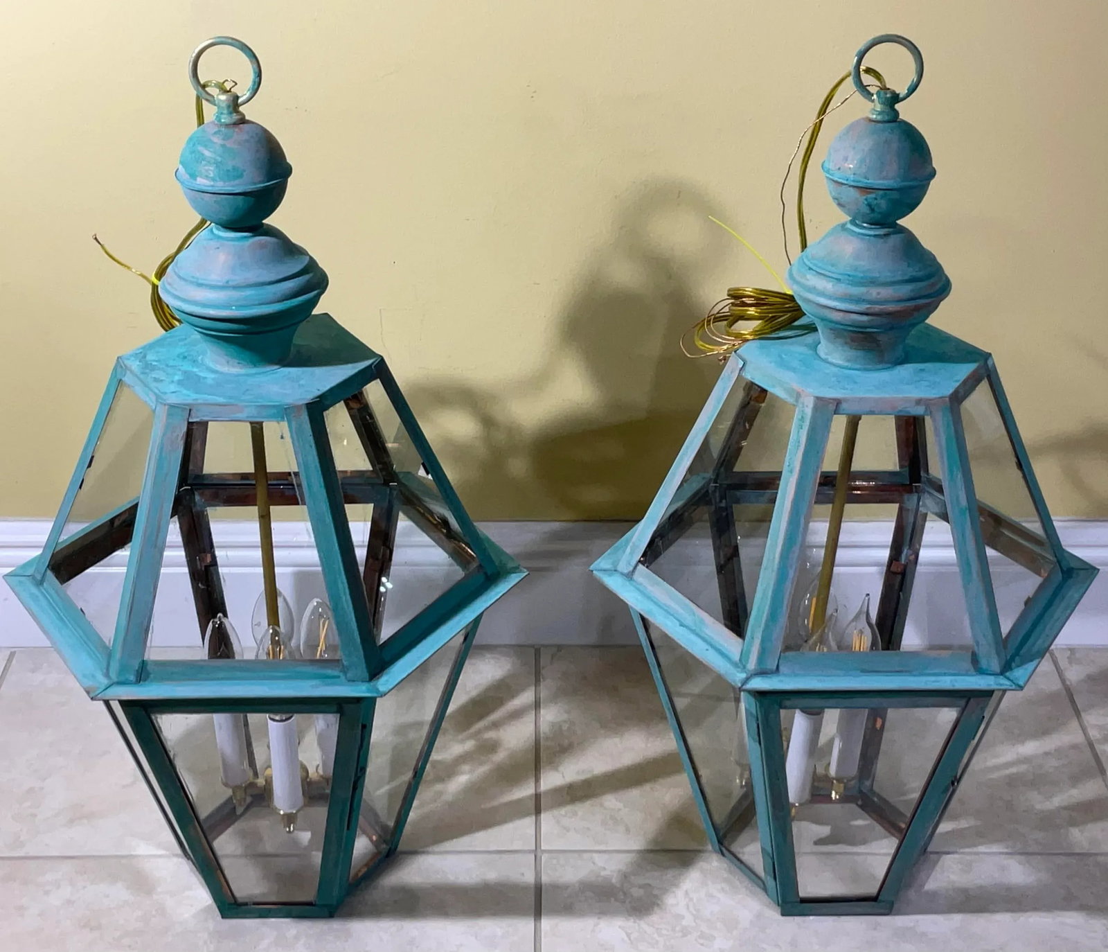 Exquisite Pair of Vintage Solid Copper & Brass Verdigris Lanterns - 10