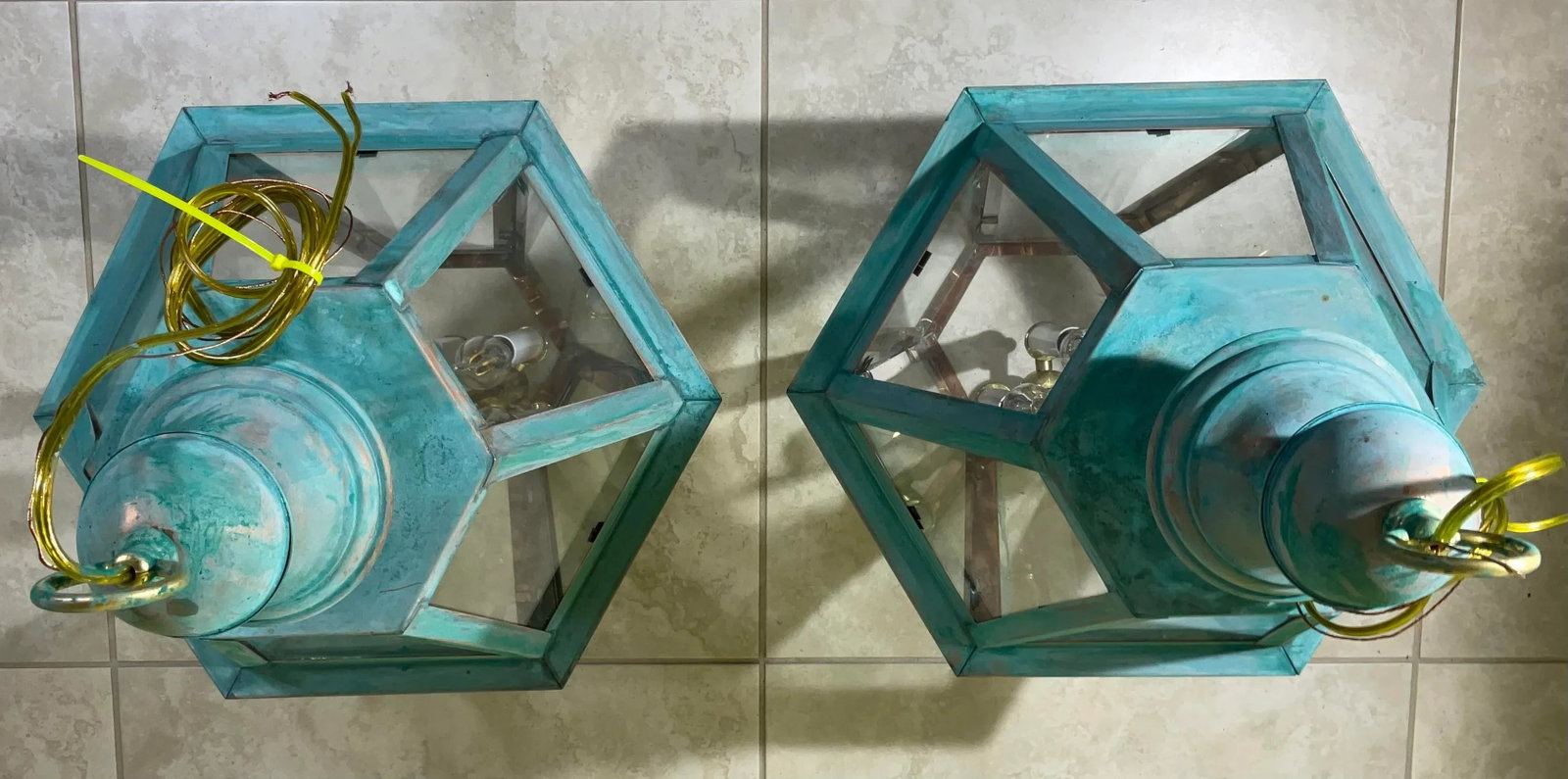 Exquisite Pair of Vintage Solid Copper & Brass Verdigris Lanterns - 11