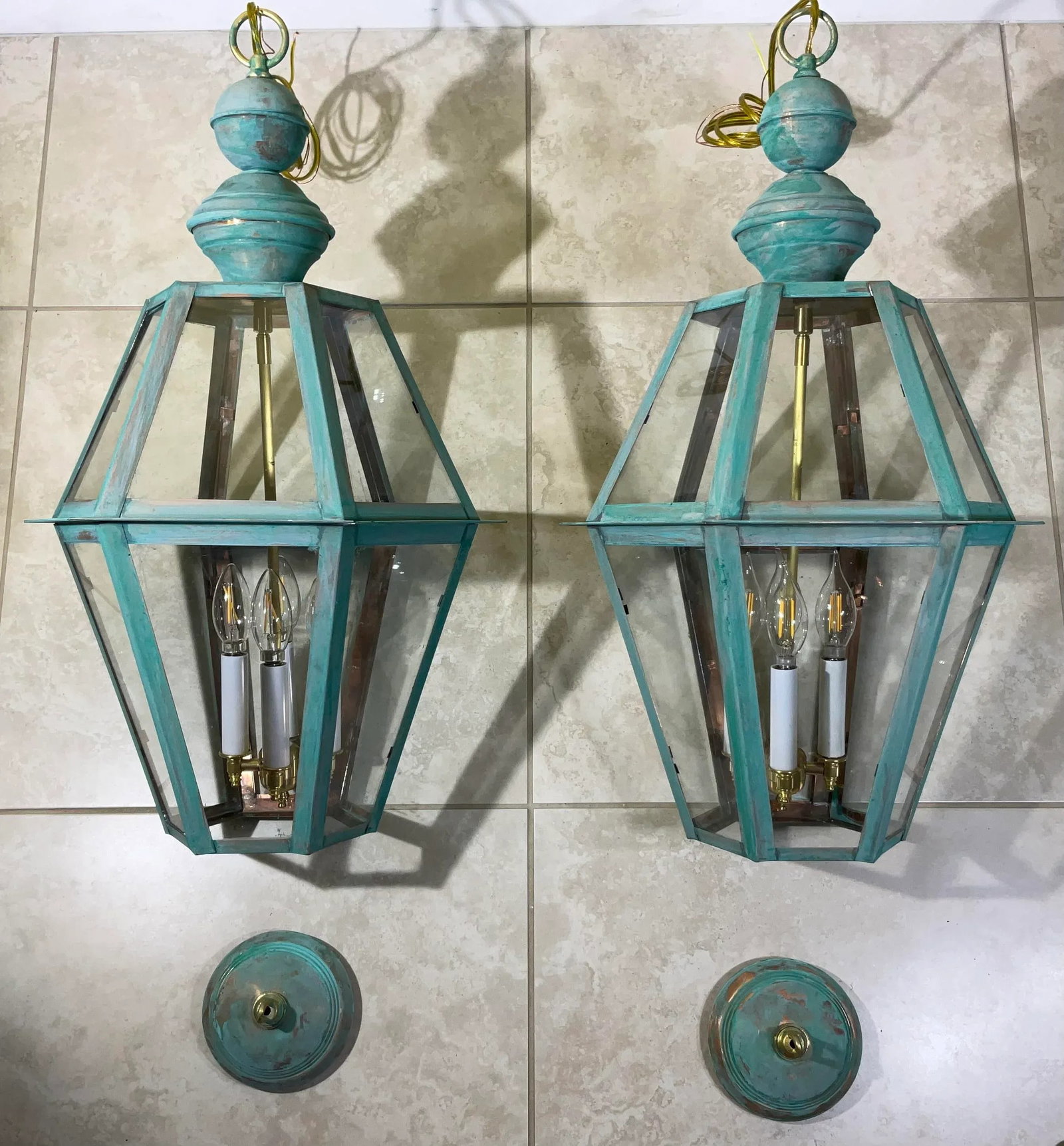 Exquisite Pair of Vintage Solid Copper & Brass Verdigris Lanterns - 12