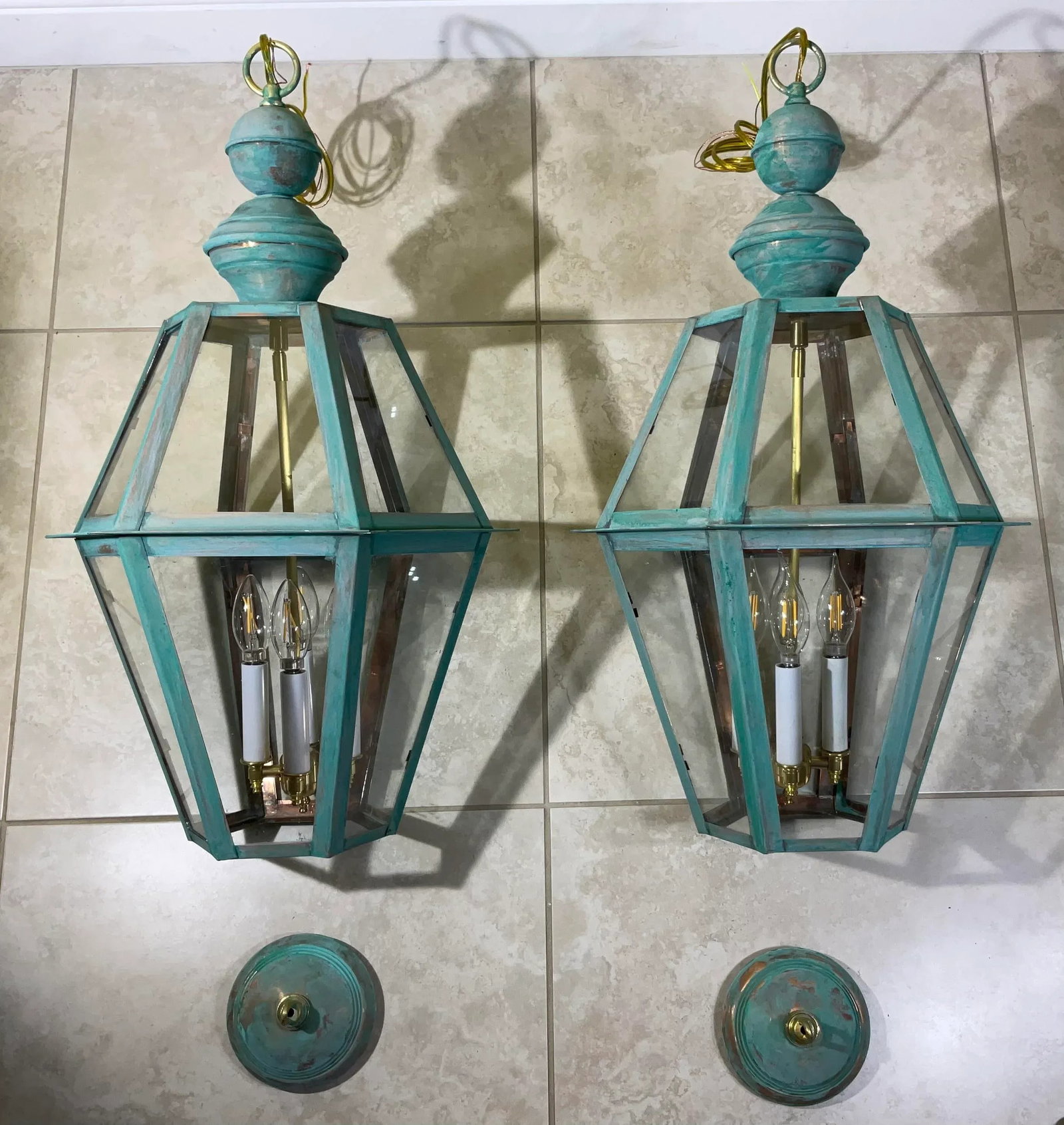 Exquisite Pair of Vintage Solid Copper & Brass Verdigris Lanterns - 14