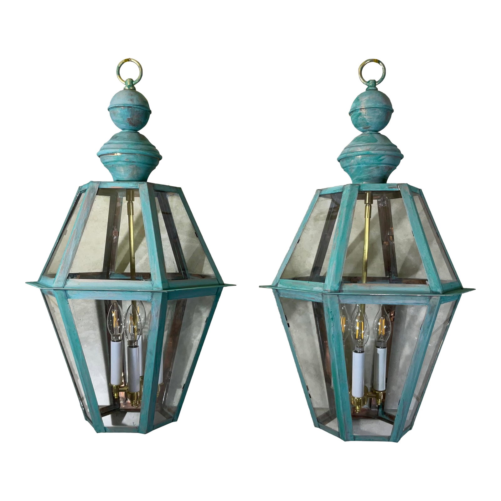 Exquisite Pair of Vintage Solid Copper & Brass Verdigris Lanterns: Elevate your home's aesthetic with this stunning pair of vintage solid copper and brass hanging lanterns, perfect for adding a touch of classic elegance and warm illumination to any space. These are