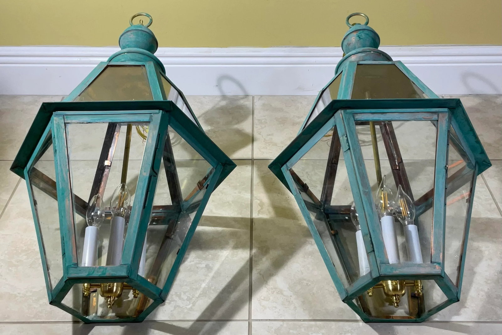 Exquisite Pair of Vintage Solid Copper & Brass Verdigris Lanterns - 2
