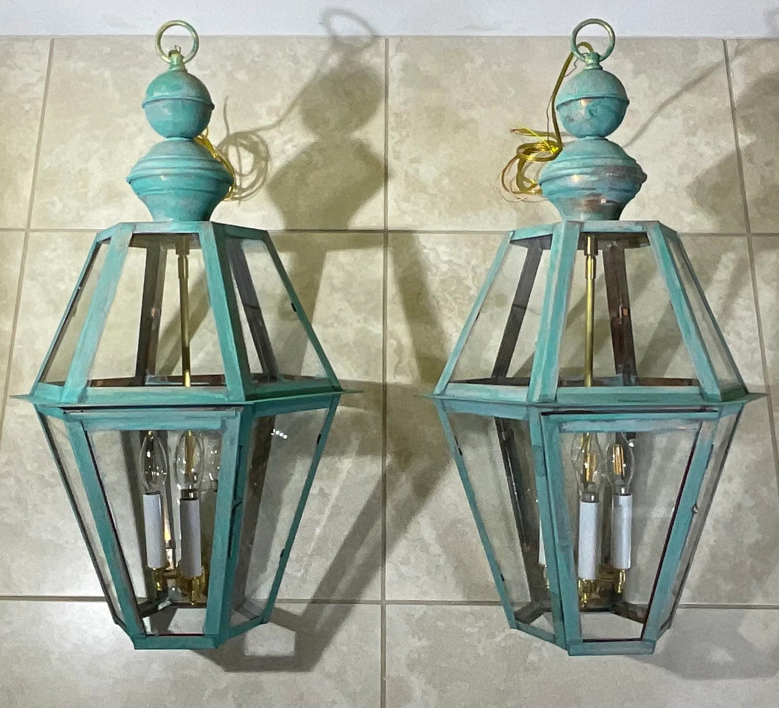 Exquisite Pair of Vintage Solid Copper & Brass Verdigris Lanterns - 3