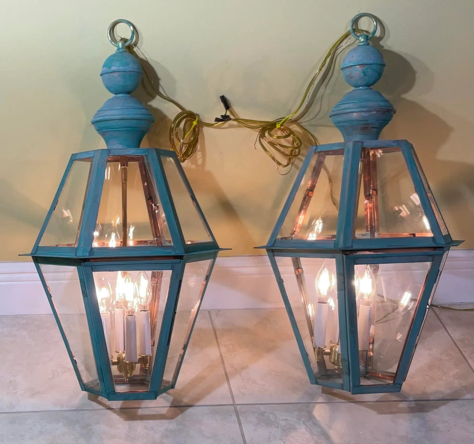 Exquisite Pair of Vintage Solid Copper & Brass Verdigris Lanterns - 4