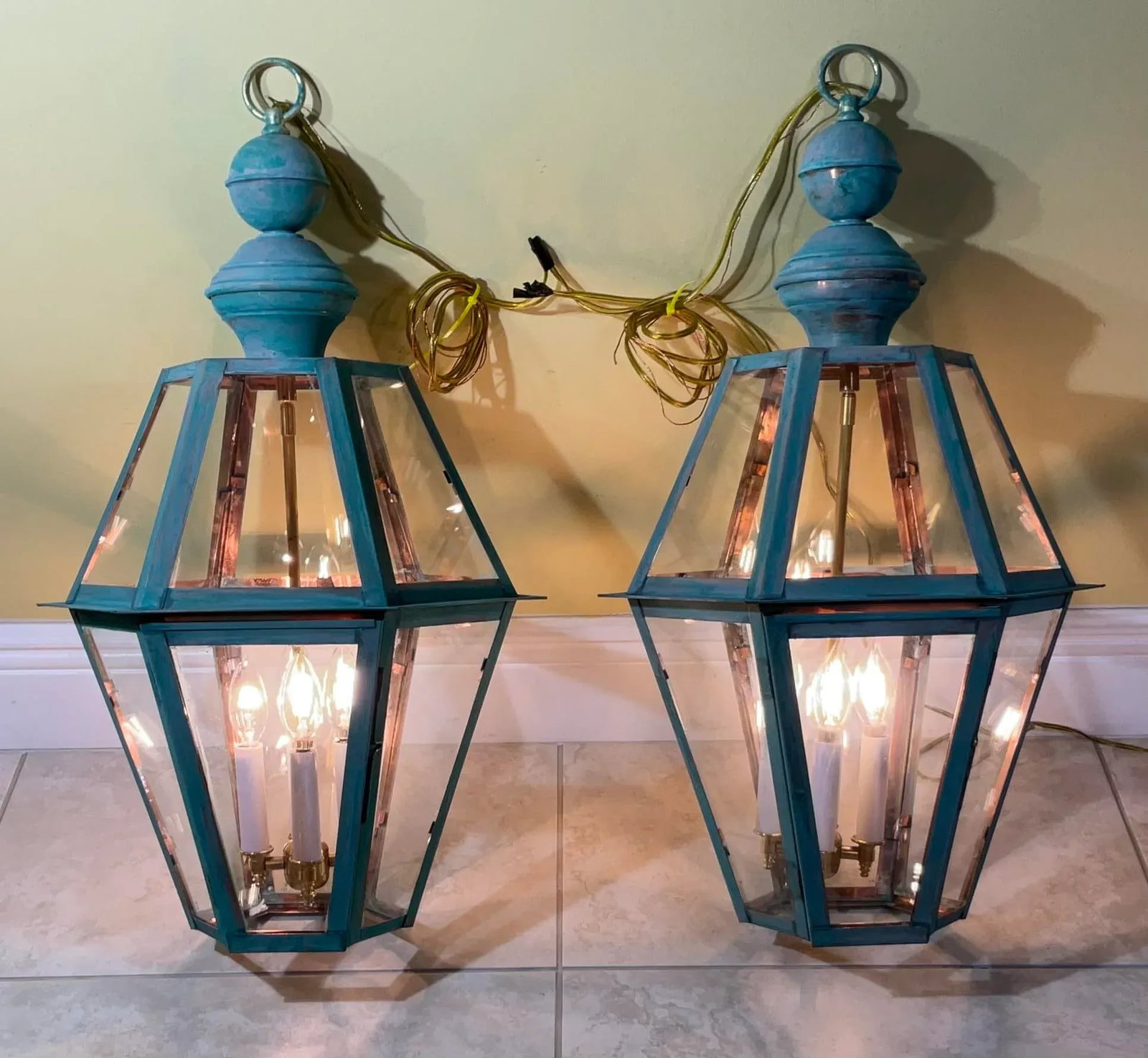 Exquisite Pair of Vintage Solid Copper & Brass Verdigris Lanterns - 5