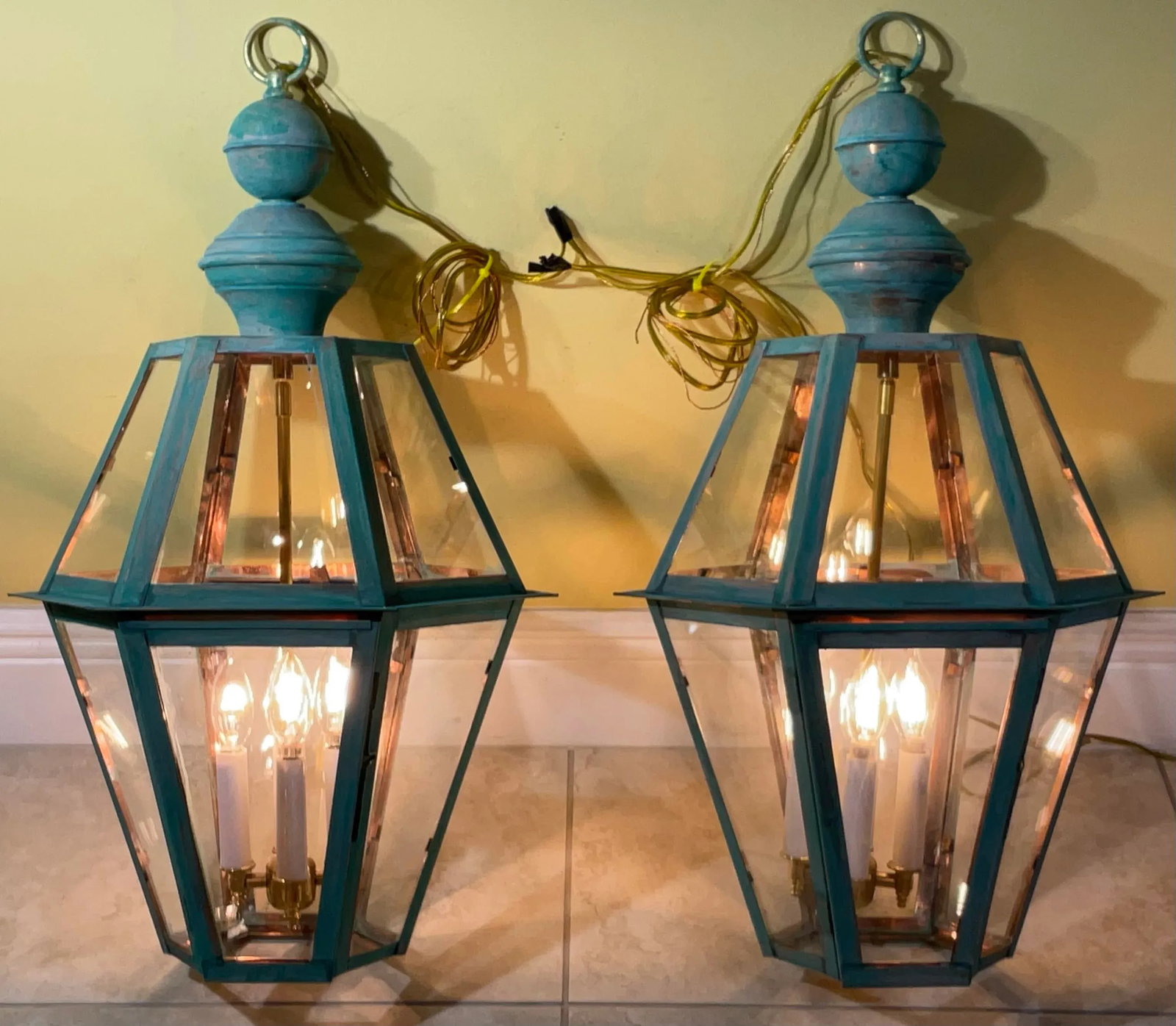 Exquisite Pair of Vintage Solid Copper & Brass Verdigris Lanterns - 6