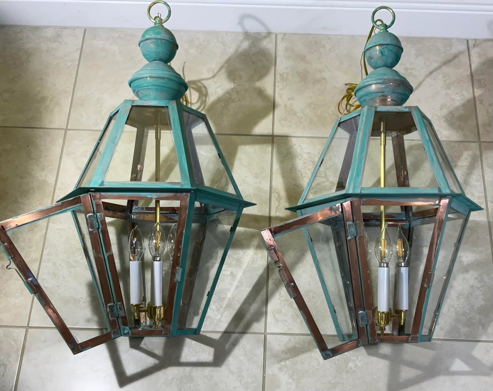Exquisite Pair of Vintage Solid Copper & Brass Verdigris Lanterns - 7