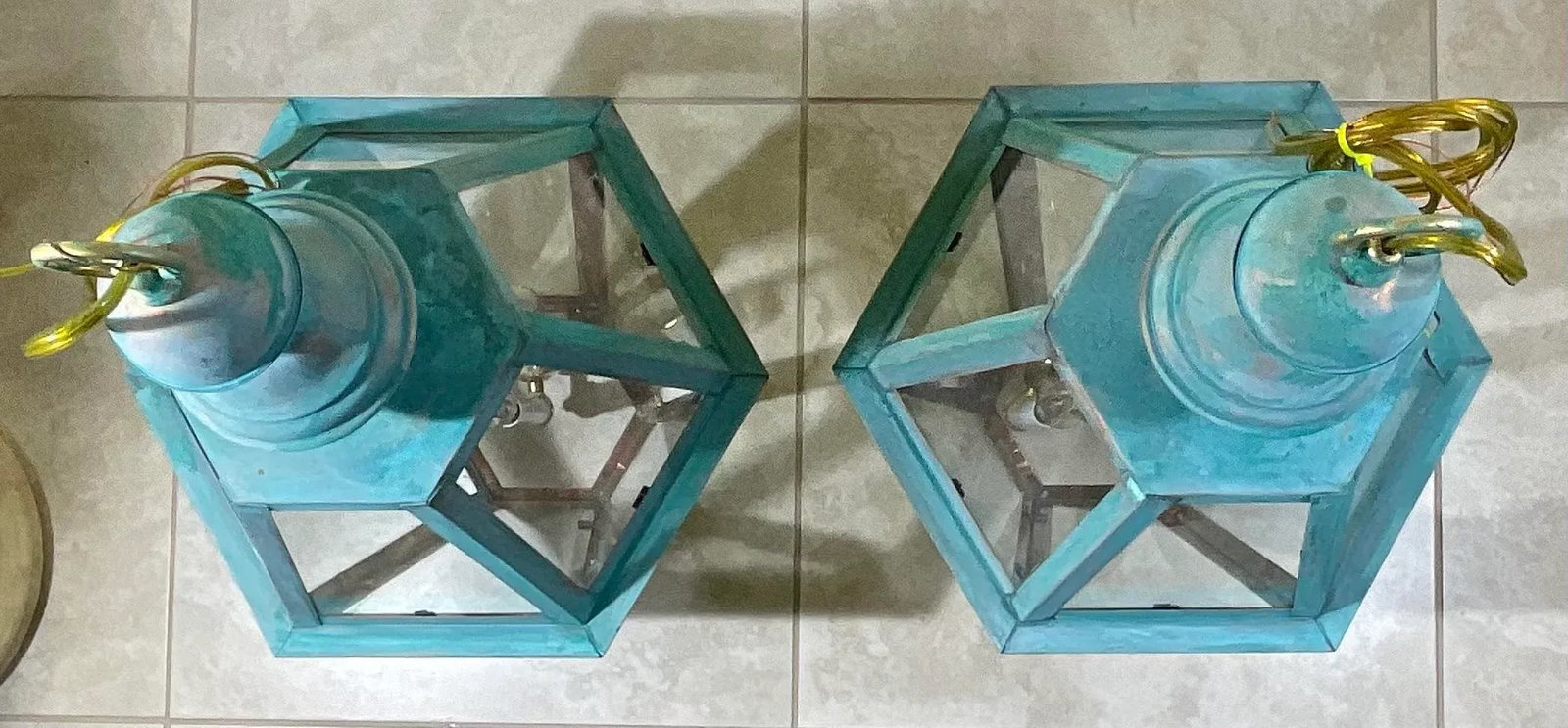 Exquisite Pair of Vintage Solid Copper & Brass Verdigris Lanterns - 8