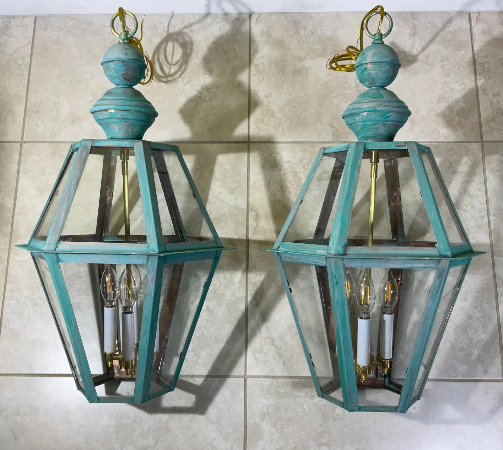 Exquisite Pair of Vintage Solid Copper & Brass Verdigris Lanterns - 9