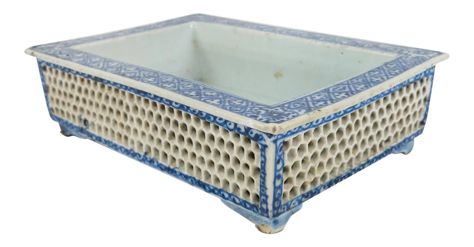 Japanese Low Rectangular Bonsai Jardiniere Planter: We are selling this cool Japanese blue and white rectangular low Jardiniere. This unusual Japanese planter is made of porcelain body with elaborate double wall construction with the outer wall being
