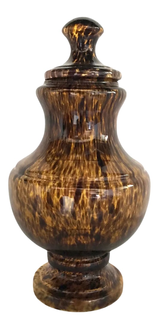 1960s Tall Tortoise Shell Pattern Italian Modern Glass Urn: Classic and elegant, very tall and large hand made Italian Glass Covered Urn in a tortoiseshell design from late the 60s and early 1970s, a period when modern decorative arts from Italy were in