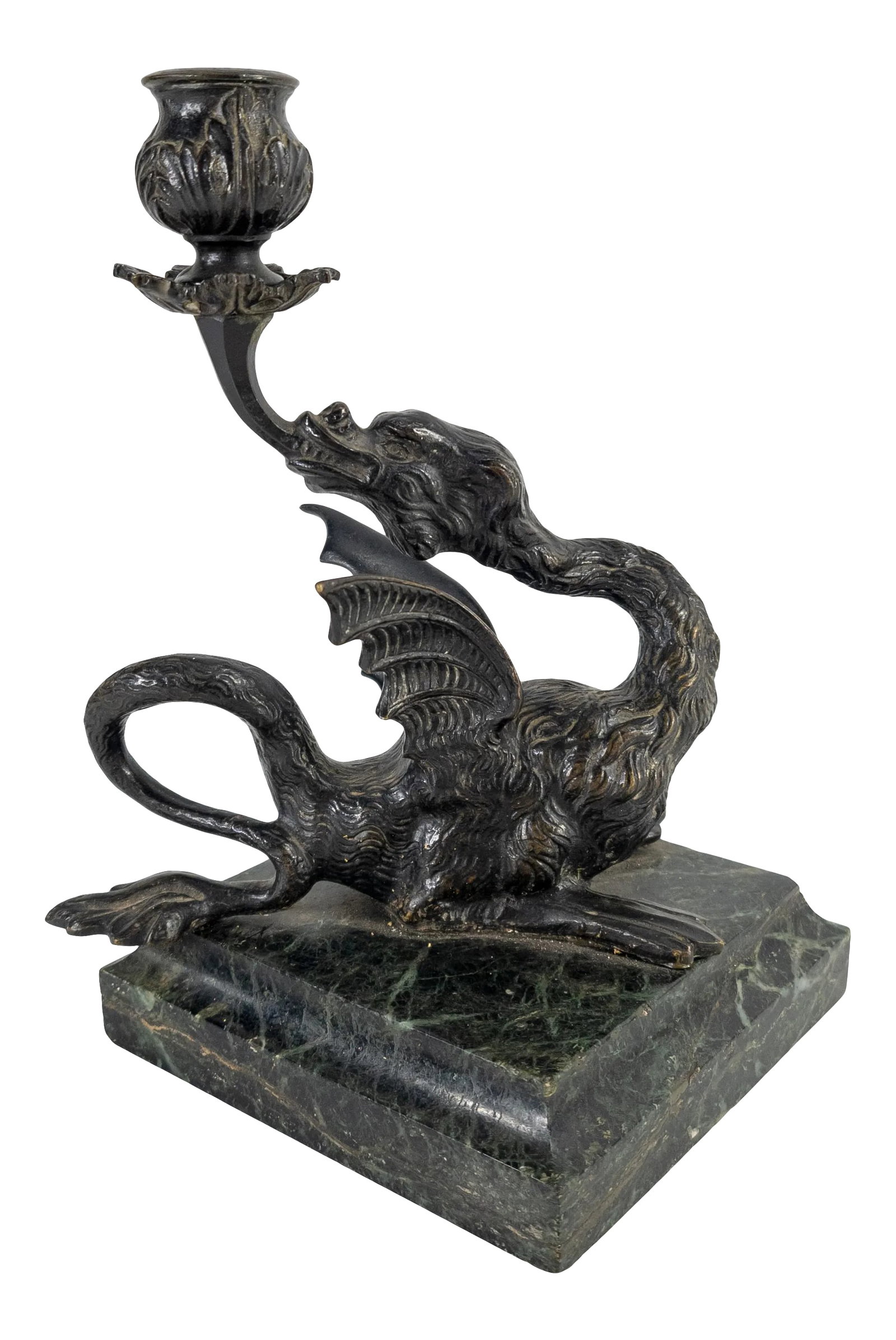 Late 19th Century Italian Grand Tour Bronze Dragon Candlestick Holder: We are selling this cool Italian grand tour bronze candlestick. This candlestick features an early renaissance style dragon figure with long neck and heavily detailed hairy body supporting a single ca