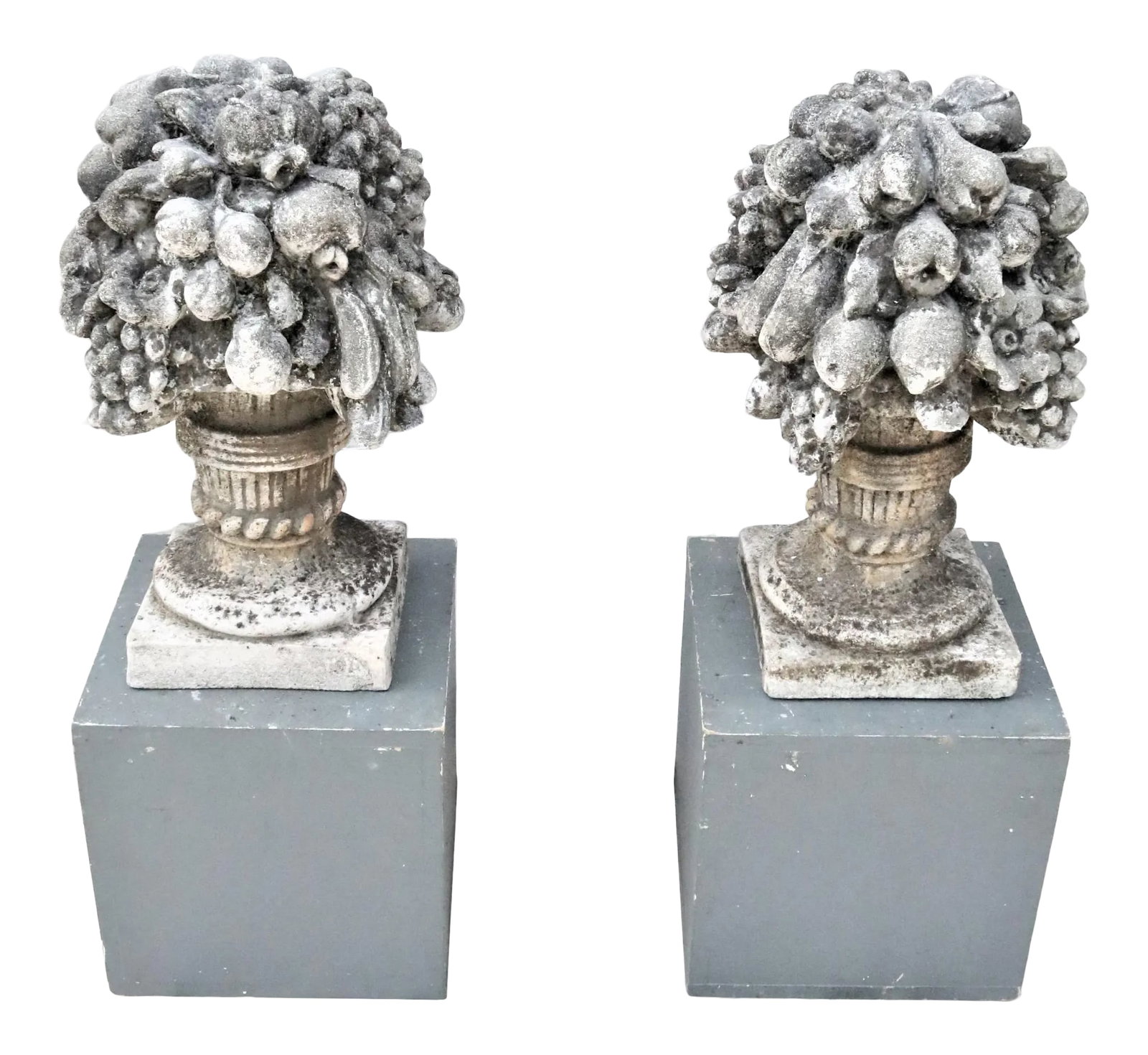 Early 20th Century English Cast Stone Garden Compotes, a Pair: A pair of large scale English cast stone fruit compote garden ornaments dating from the first half of the 20th century. They have very deep, detailed castings and are in very good as found condition