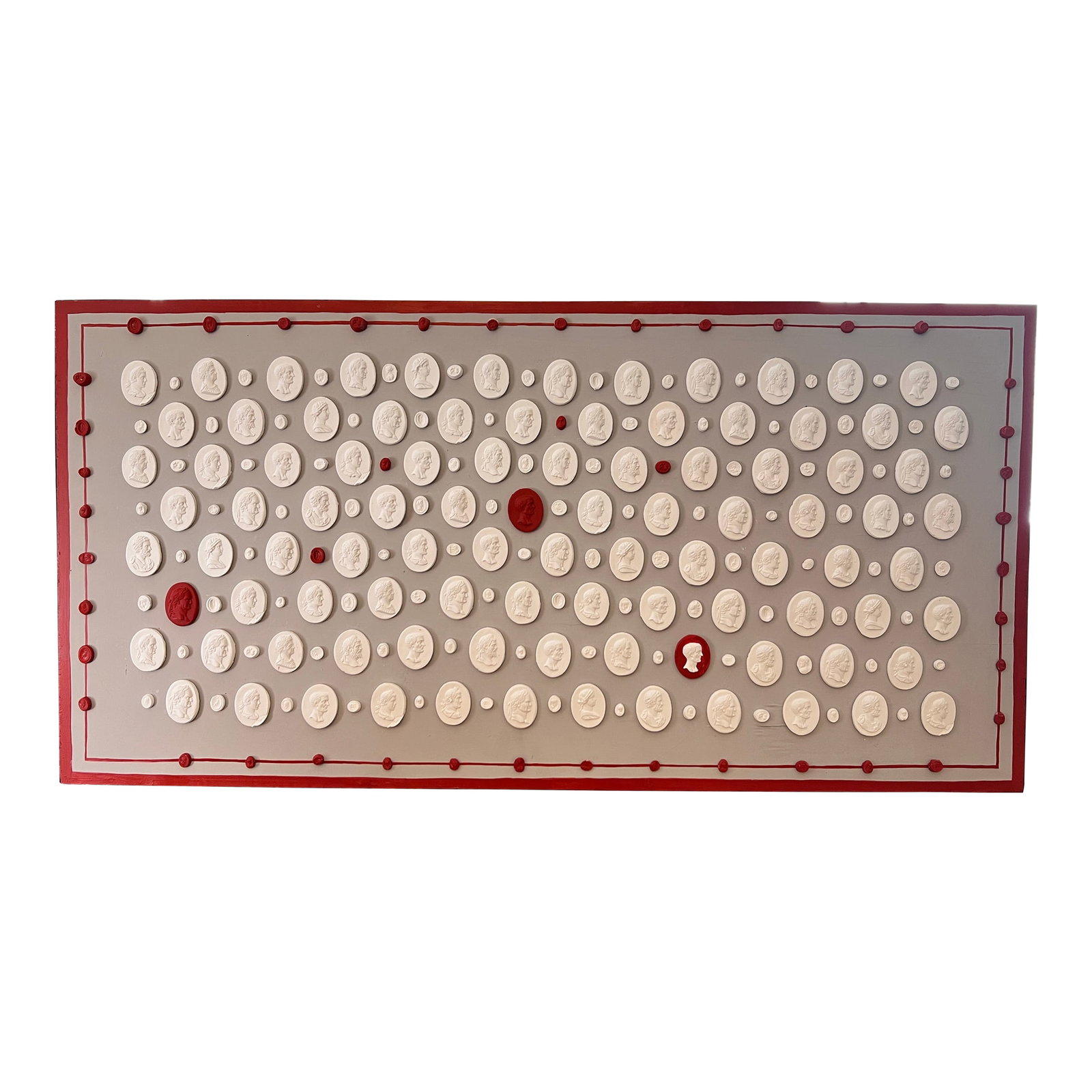 Neoclassical Grand Tour Revival Style Wall Hanging Panel With Roman Emperor Profile Intaglio Casts: An impressive Italian Grand Tour Revival Style wall hanging panel, clean and simple rectangle shape, with the geometrical layout of plaster casts. The panel itself, with slight plump curveture in the