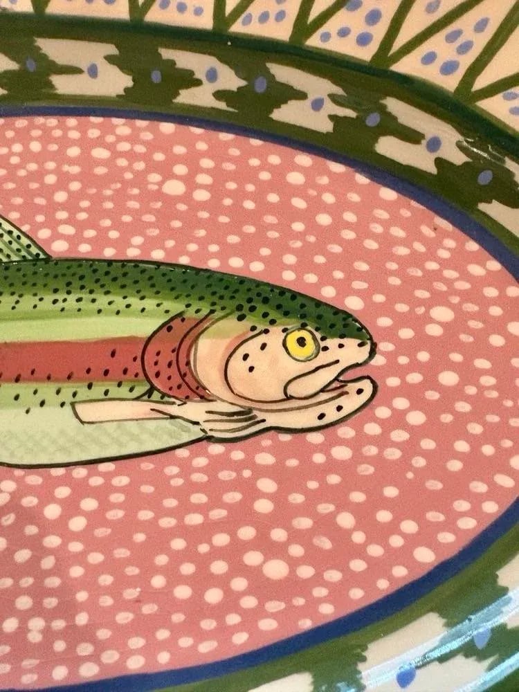 Classic Hand-Painted Serving Platter With a Fish Motif, 18" X 11", Signed - 3