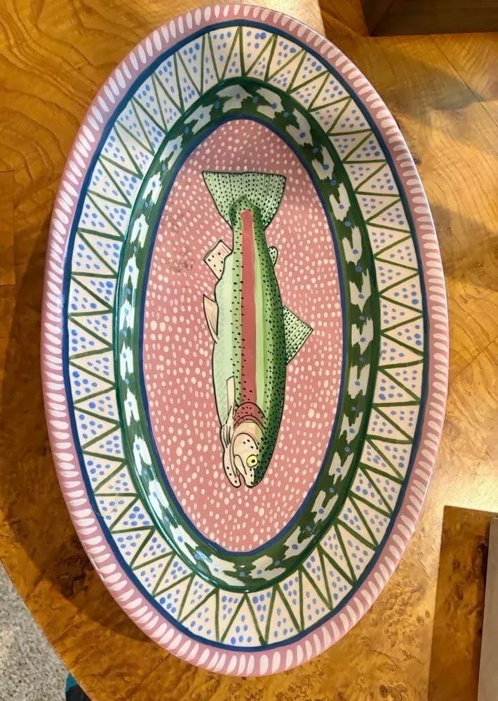 Classic Hand-Painted Serving Platter With a Fish Motif, 18" X 11", Signed - 5