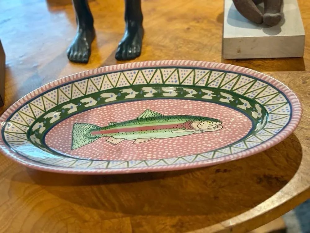Classic Hand-Painted Serving Platter With a Fish Motif, 18" X 11", Signed - 6
