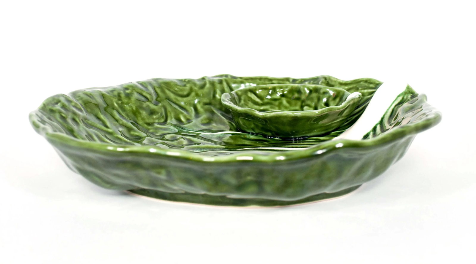 Green Majolica Cabbage Leaf Chip & Dip or Crudite Platter - 10
