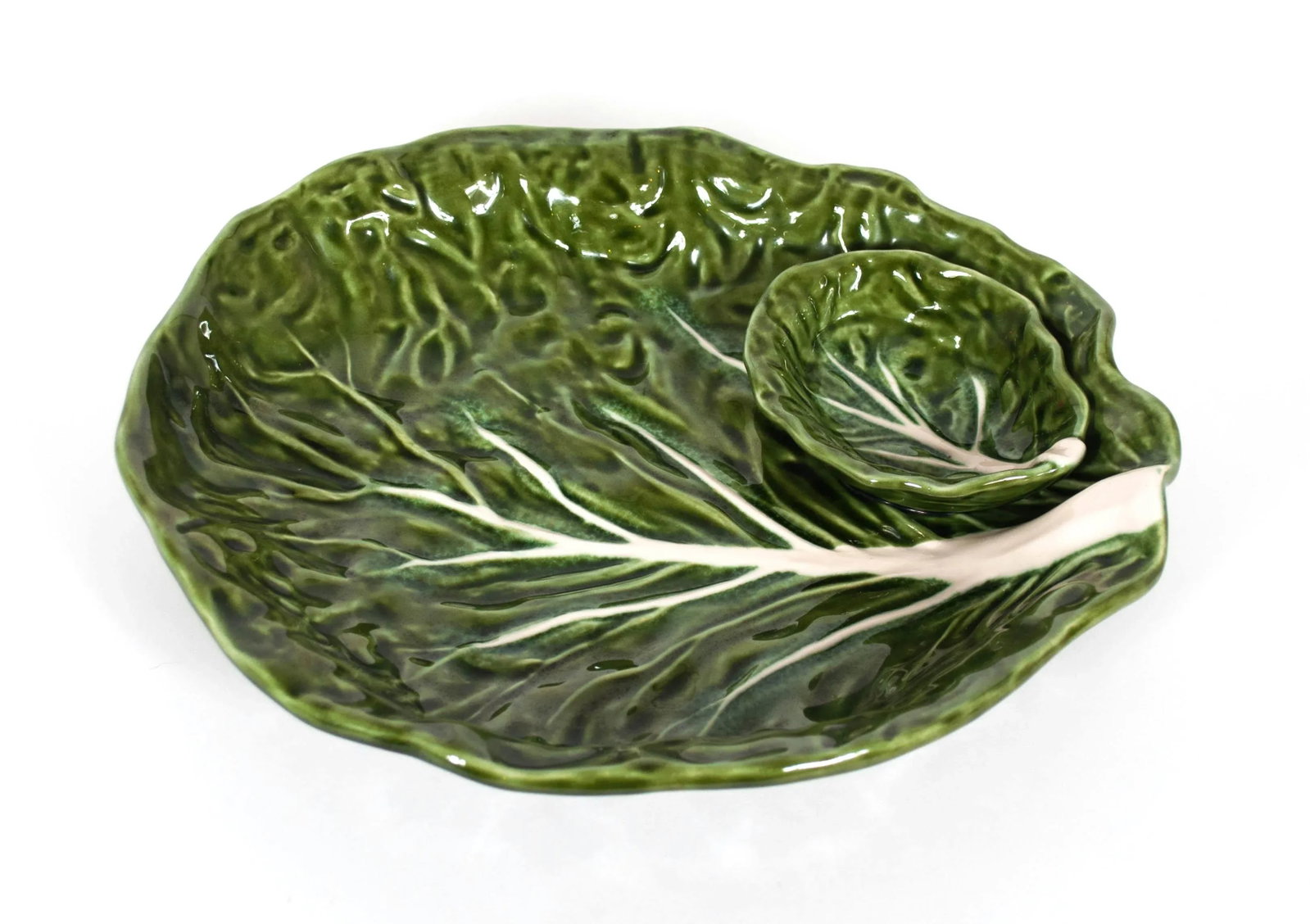 Green Majolica Cabbage Leaf Chip & Dip or Crudite Platter - 11