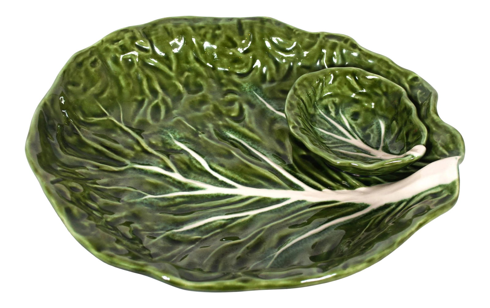 Green Majolica Cabbage Leaf Chip & Dip or Crudite Platter (1 of 11)