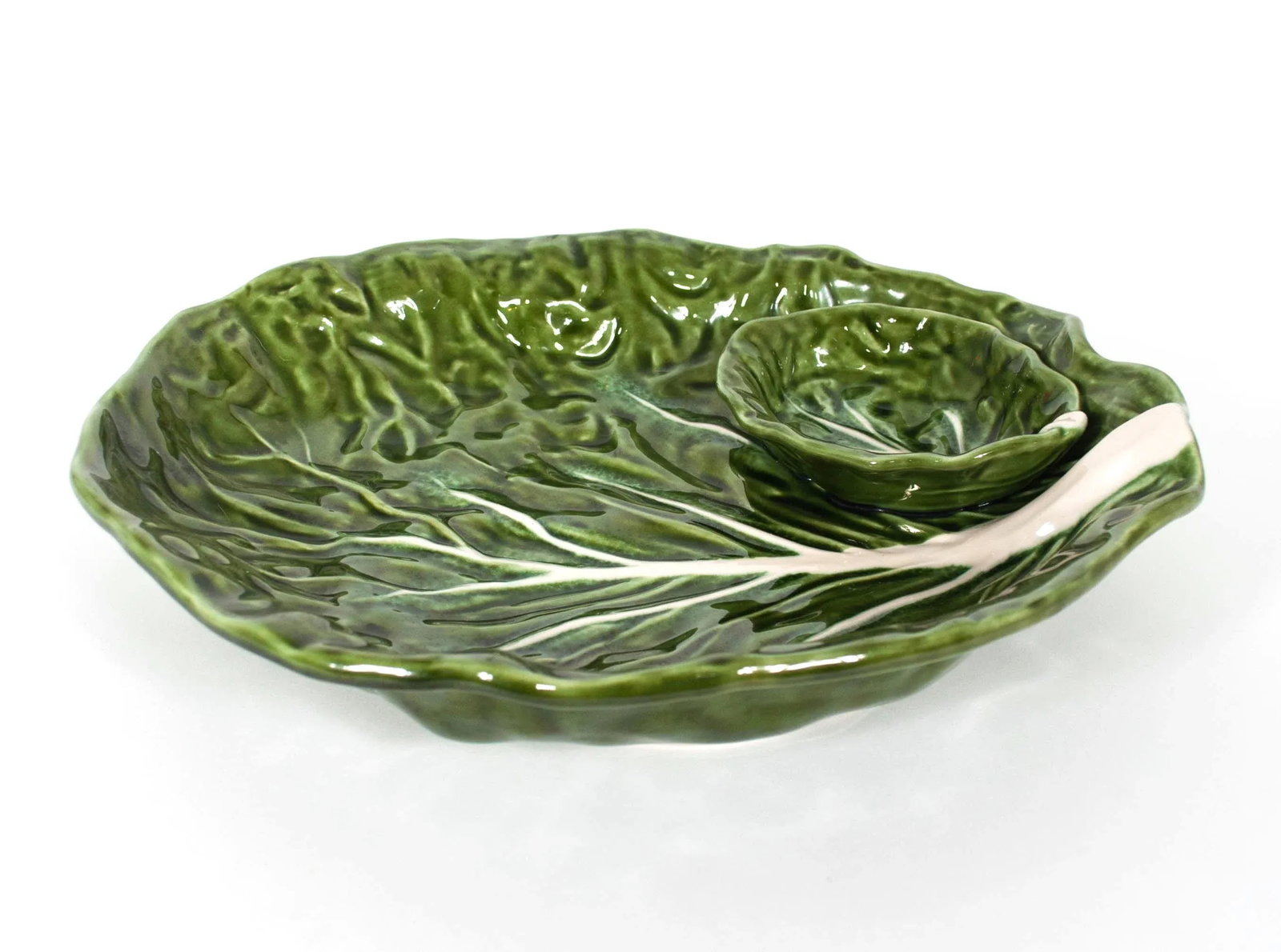 Green Majolica Cabbage Leaf Chip & Dip or Crudite Platter - 2