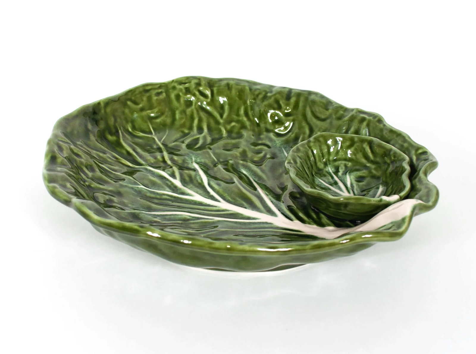 Green Majolica Cabbage Leaf Chip & Dip or Crudite Platter - 3