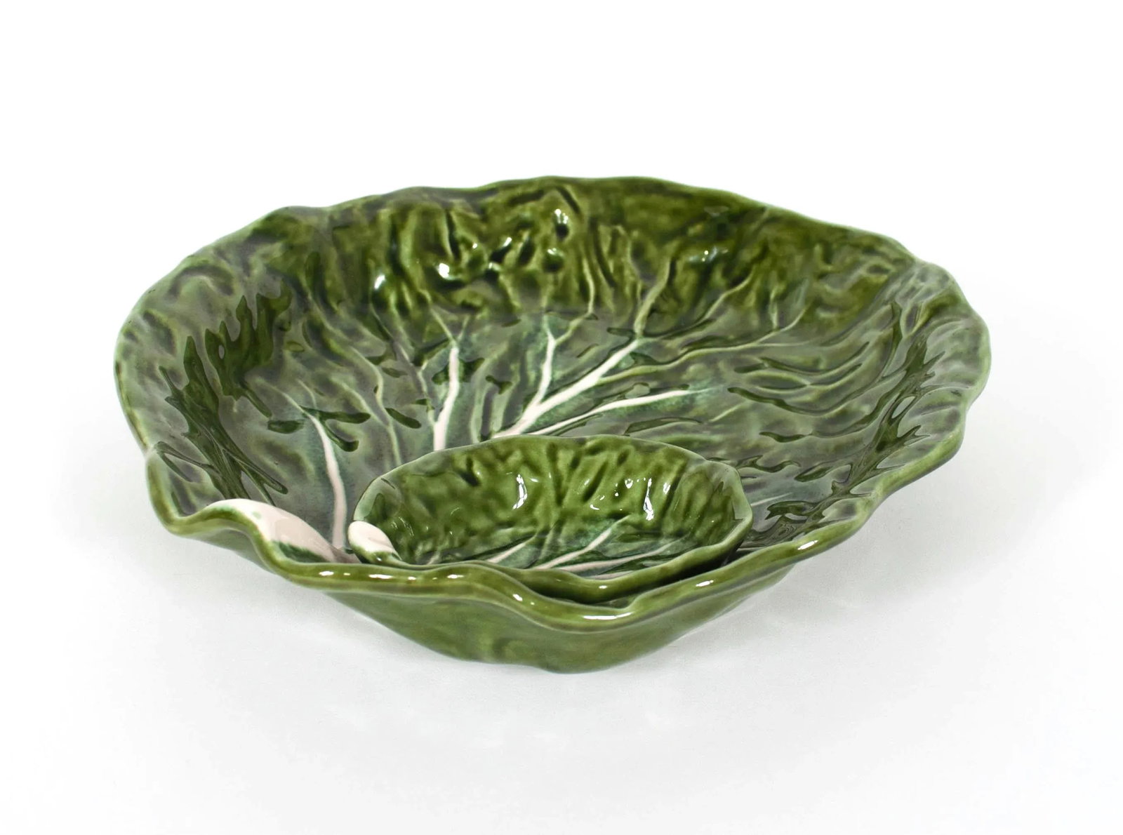Green Majolica Cabbage Leaf Chip & Dip or Crudite Platter - 4
