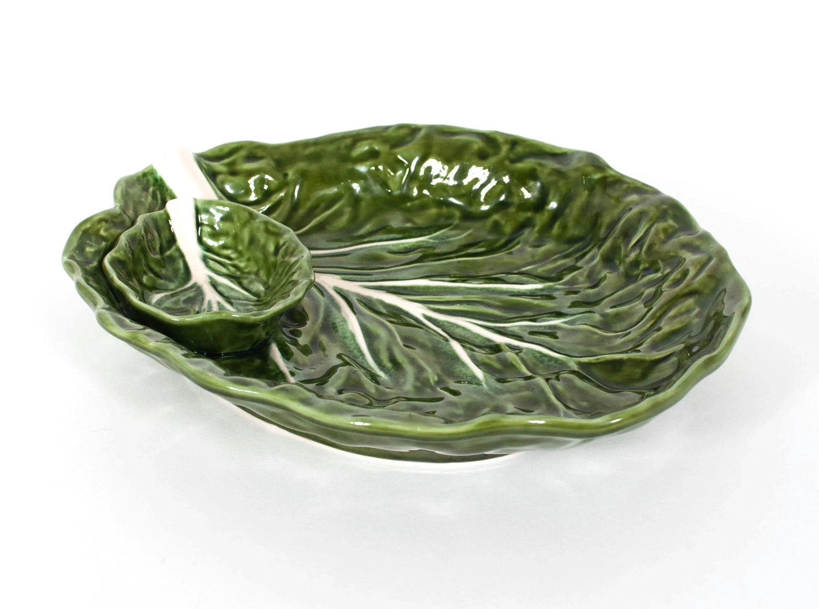 Green Majolica Cabbage Leaf Chip & Dip or Crudite Platter - 5