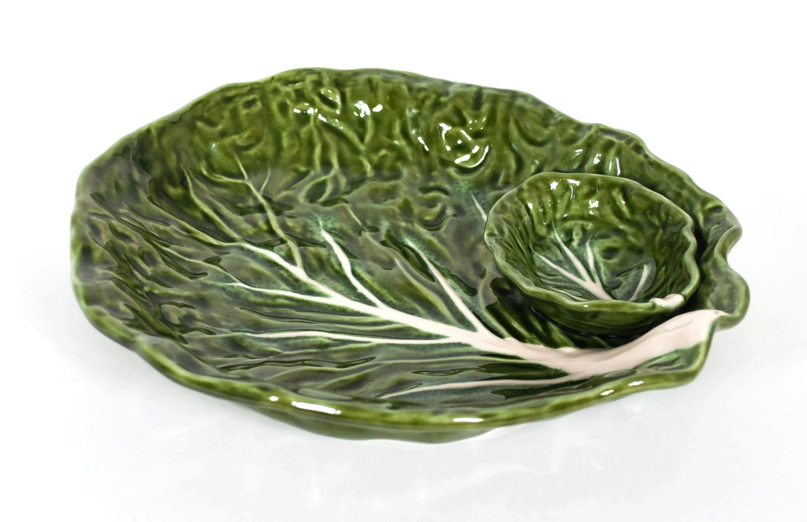 Green Majolica Cabbage Leaf Chip & Dip or Crudite Platter - 6