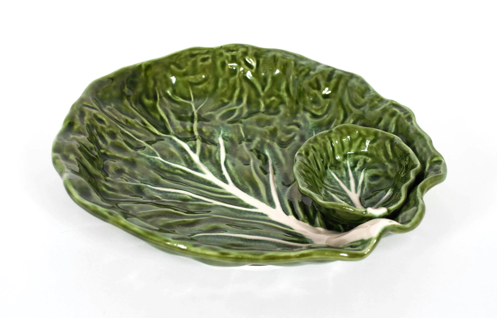 Green Majolica Cabbage Leaf Chip & Dip or Crudite Platter - 7