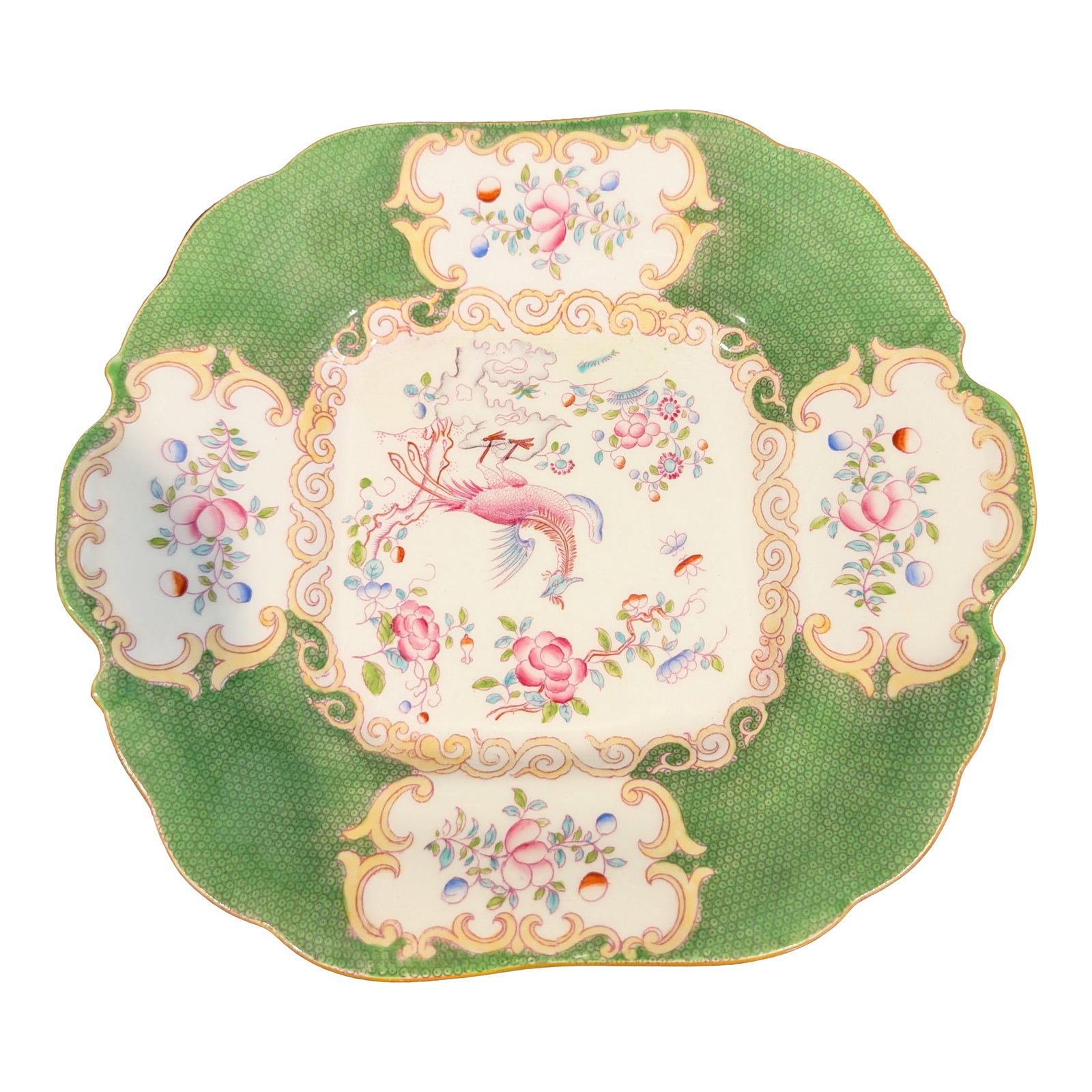Early 20th Century Minton Cockatrice Square Serving Platter - Hand-Painted English Bone China: Rare Minton Cockatrice Green square serving platter, 9" across. Decorated in the classic hand-painted chinoiserie style with vibrant florals and the Cockatrice bird, accented by gold trim. Perfect