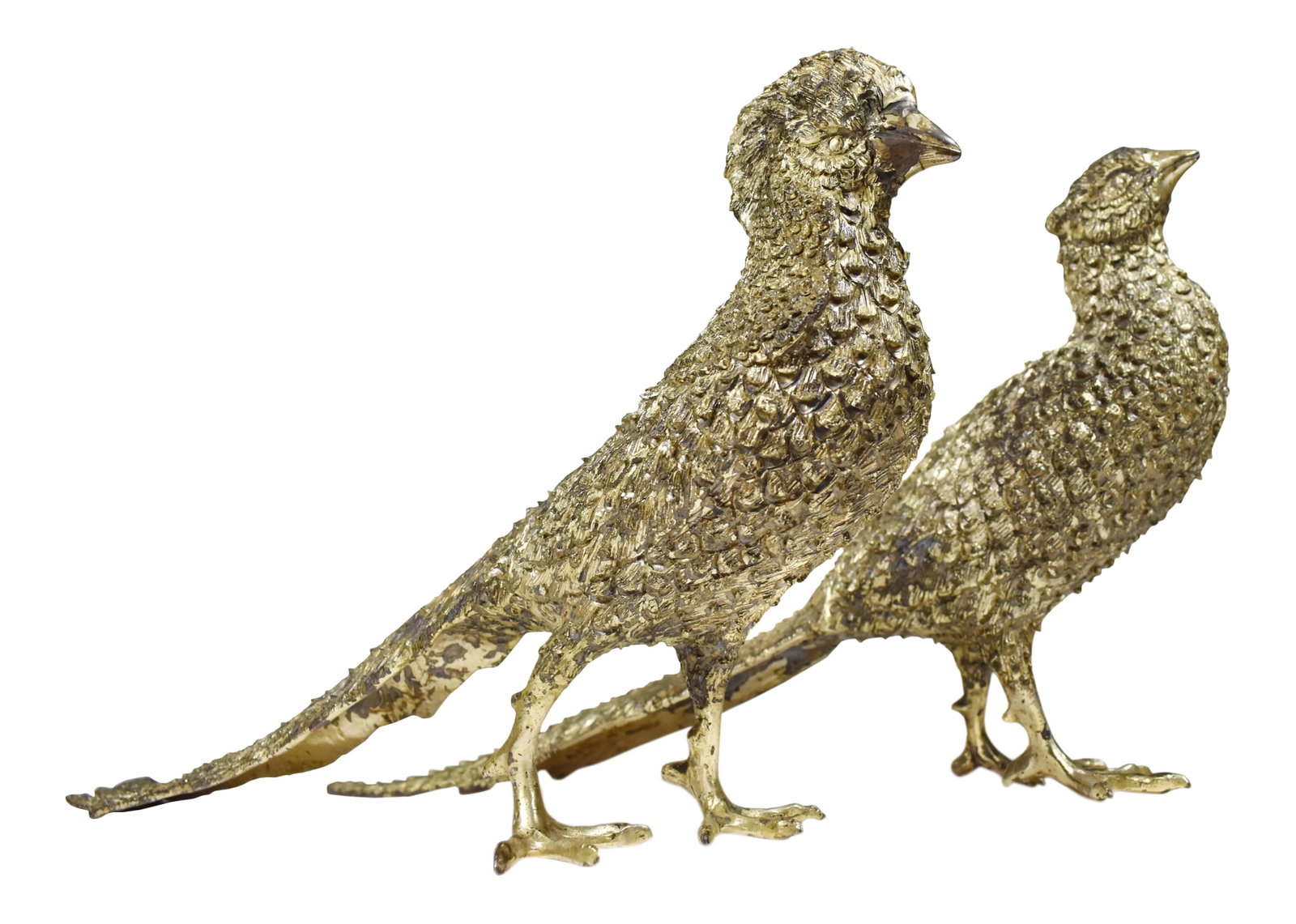 Vintage Silver Plated Male and Female Pheasant Long Tail Hunting Birds - a Pair: Unique silver plated pheasant bird pair are stunning pieces and will enhance your home decor. They are featuring significant design work and color with beautiful details downy bodies, long tails, aler