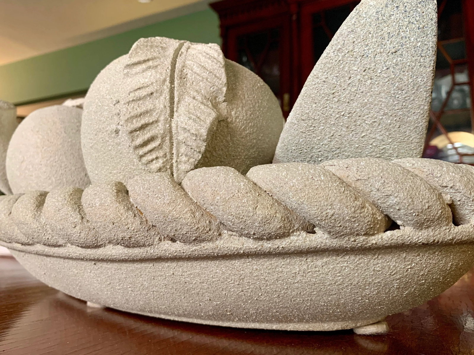 Vintage Stone Composite Fruit Bowl Centerpiece With Rope Edge - 7