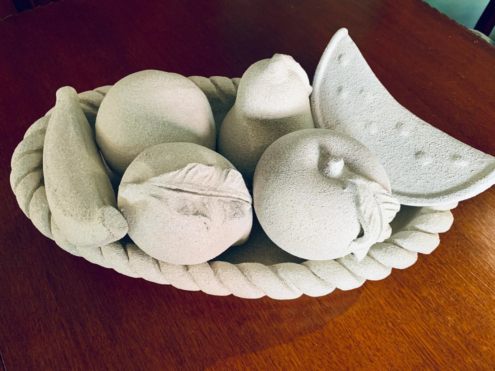 Vintage Stone Composite Fruit Bowl Centerpiece With Rope Edge - 8
