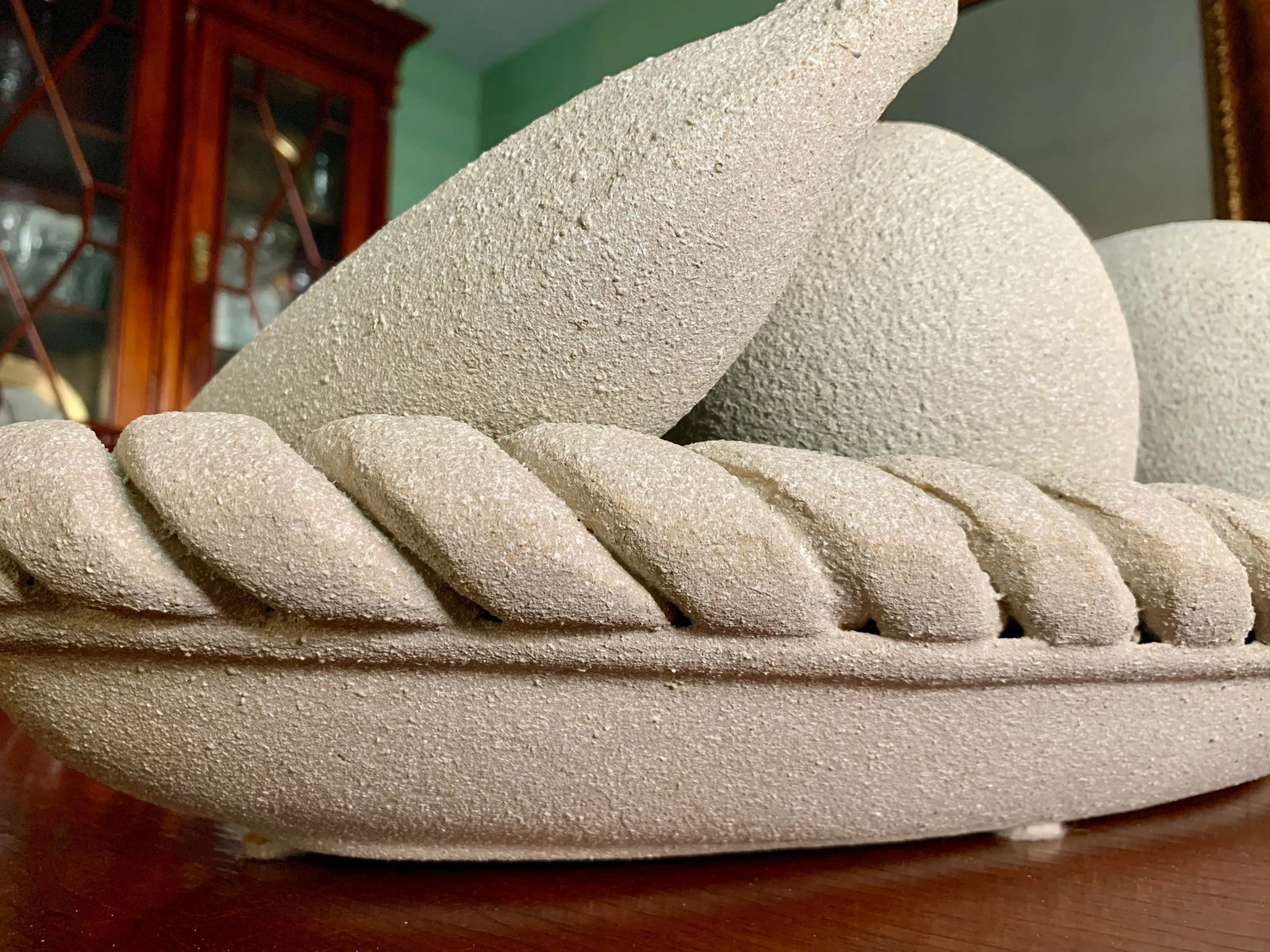 Vintage Stone Composite Fruit Bowl Centerpiece With Rope Edge - 9
