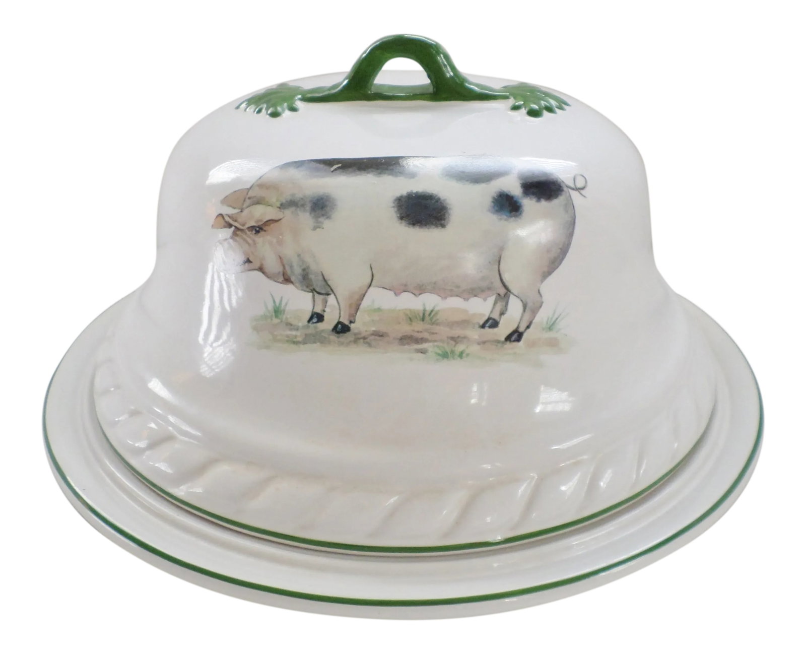 Heron Cross Pottery England "Old Spotted Pig" Round Covered Meat / Cheese Platter: This is a Wonderful Vintage Heron Cross Pottery Round Meat / Cheese Platter with Cover in the Popular " Old Fatted Pig" Pattern that is 10.75 " wide and about 6.5" tall with No Chips or Cracks. This
