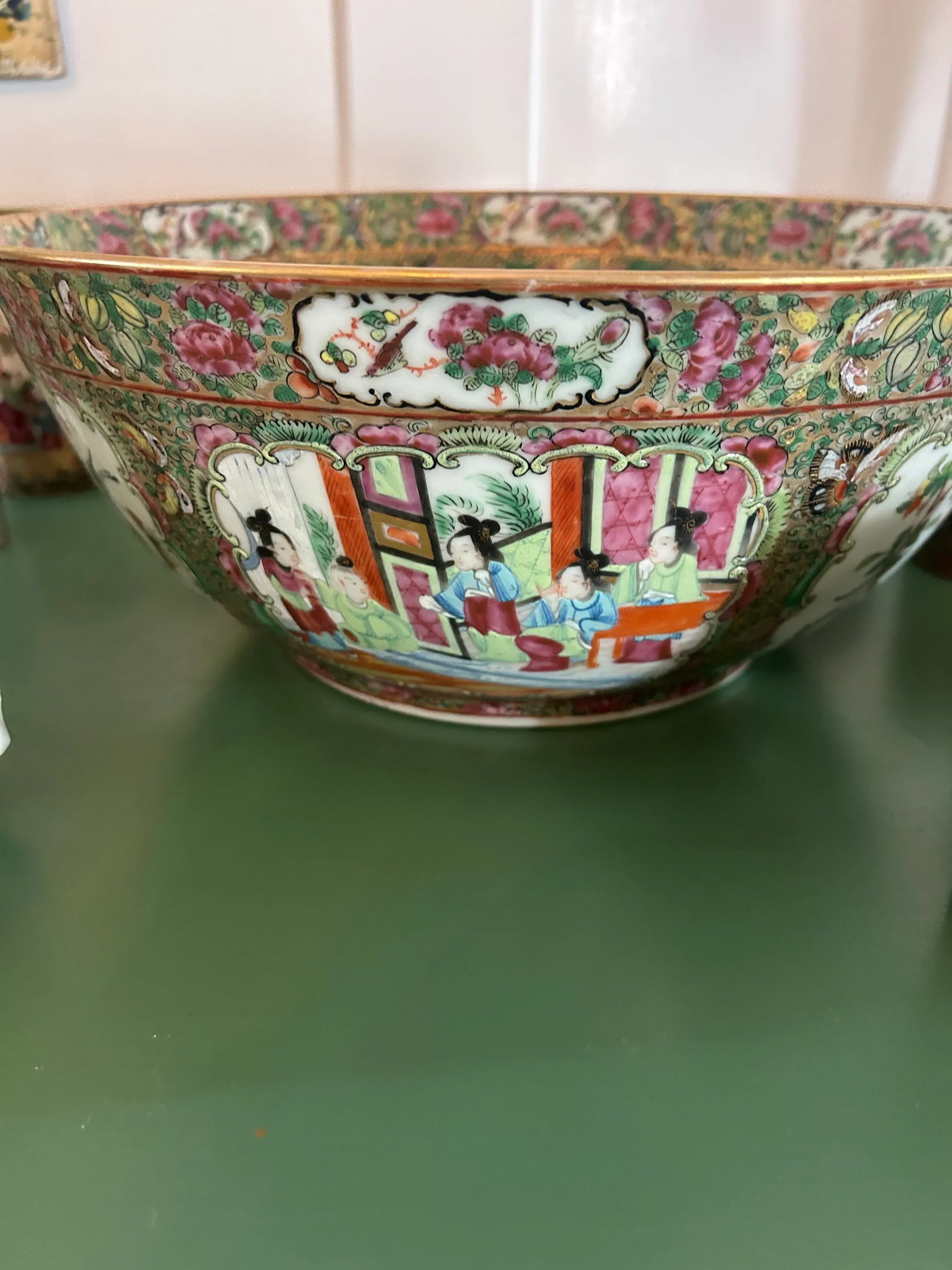 Antique Chinese Rose Medallion Punch Bowl and Cups Set- 11 Pieces - 10