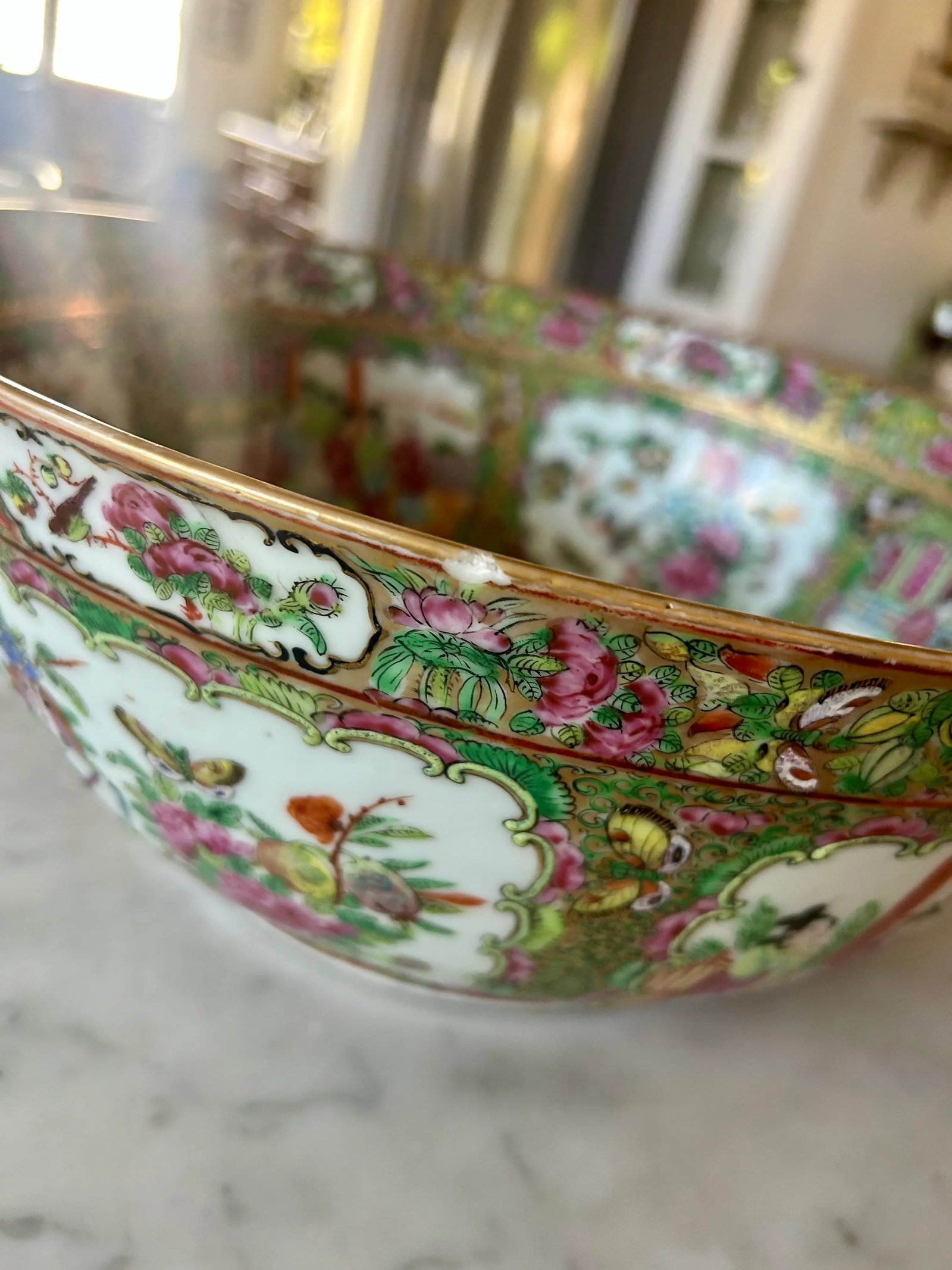 Antique Chinese Rose Medallion Punch Bowl and Cups Set- 11 Pieces - 14