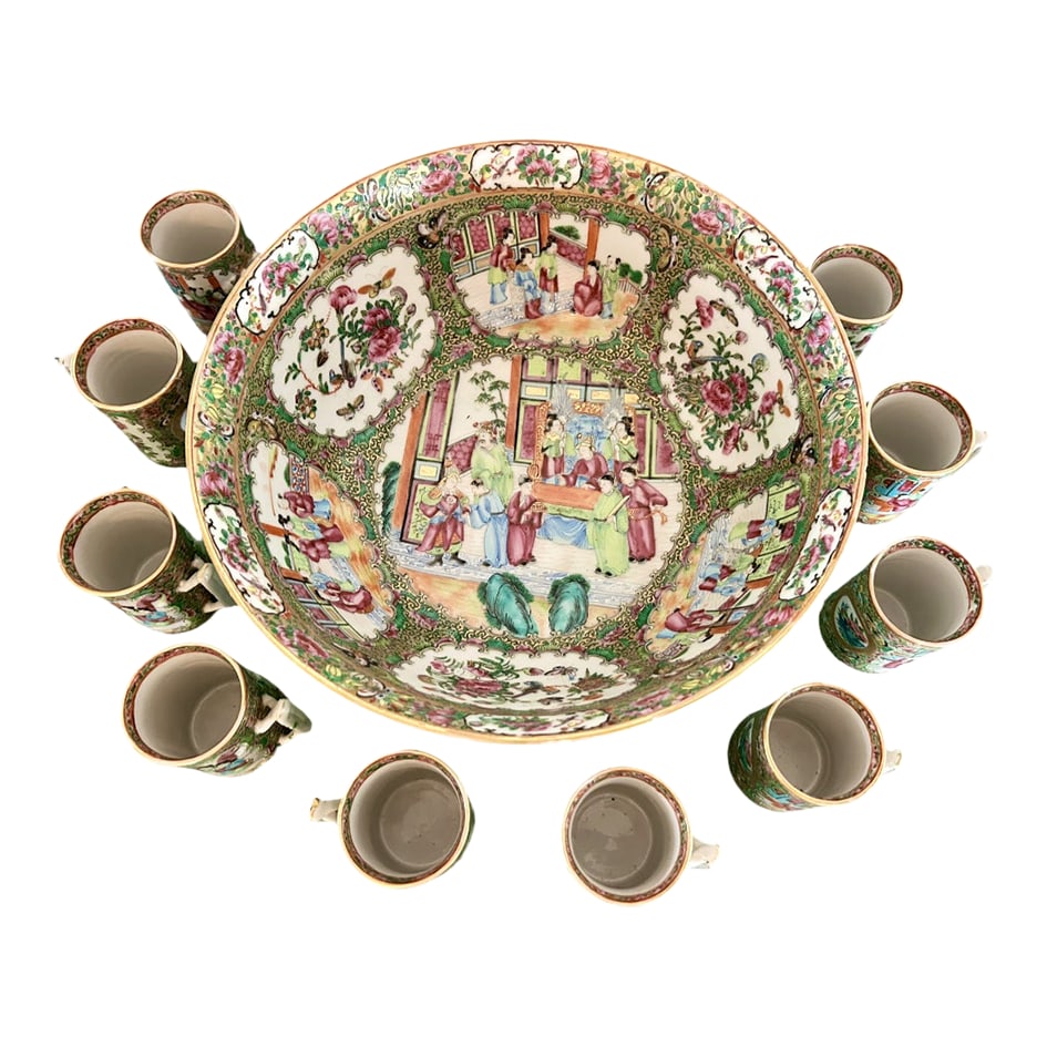 Antique Chinese Rose Medallion Punch Bowl and Cups Set- 11 Pieces: Antique Chinese Export Rose Medallion Punch Bowl Set with Ten (10) Cups (Circa 1880 - 1920) Vintage porcelain set features hand painted Chinese figures in lavish period costume in separate panels surr