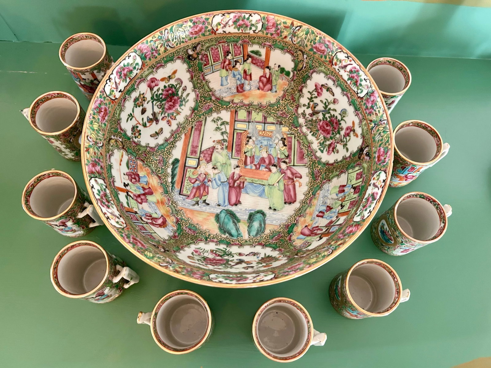 Antique Chinese Rose Medallion Punch Bowl and Cups Set- 11 Pieces - 2