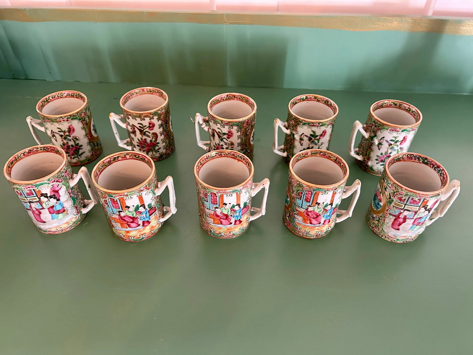 Antique Chinese Rose Medallion Punch Bowl and Cups Set- 11 Pieces - 3