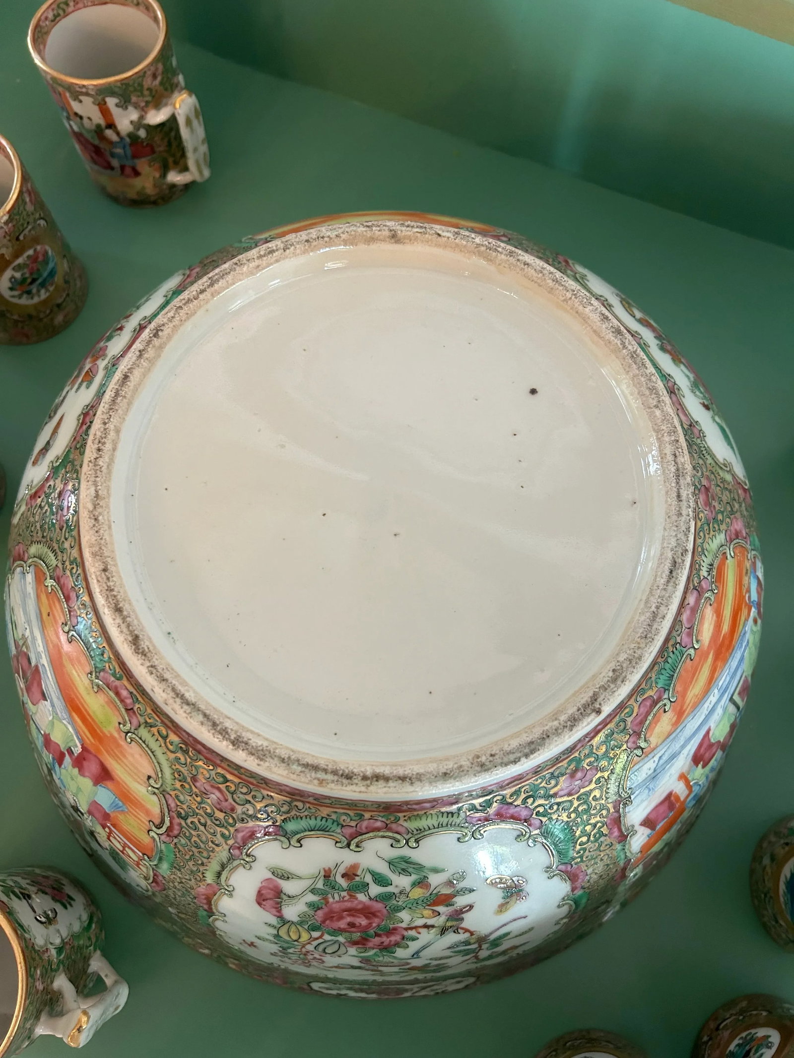 Antique Chinese Rose Medallion Punch Bowl and Cups Set- 11 Pieces - 6
