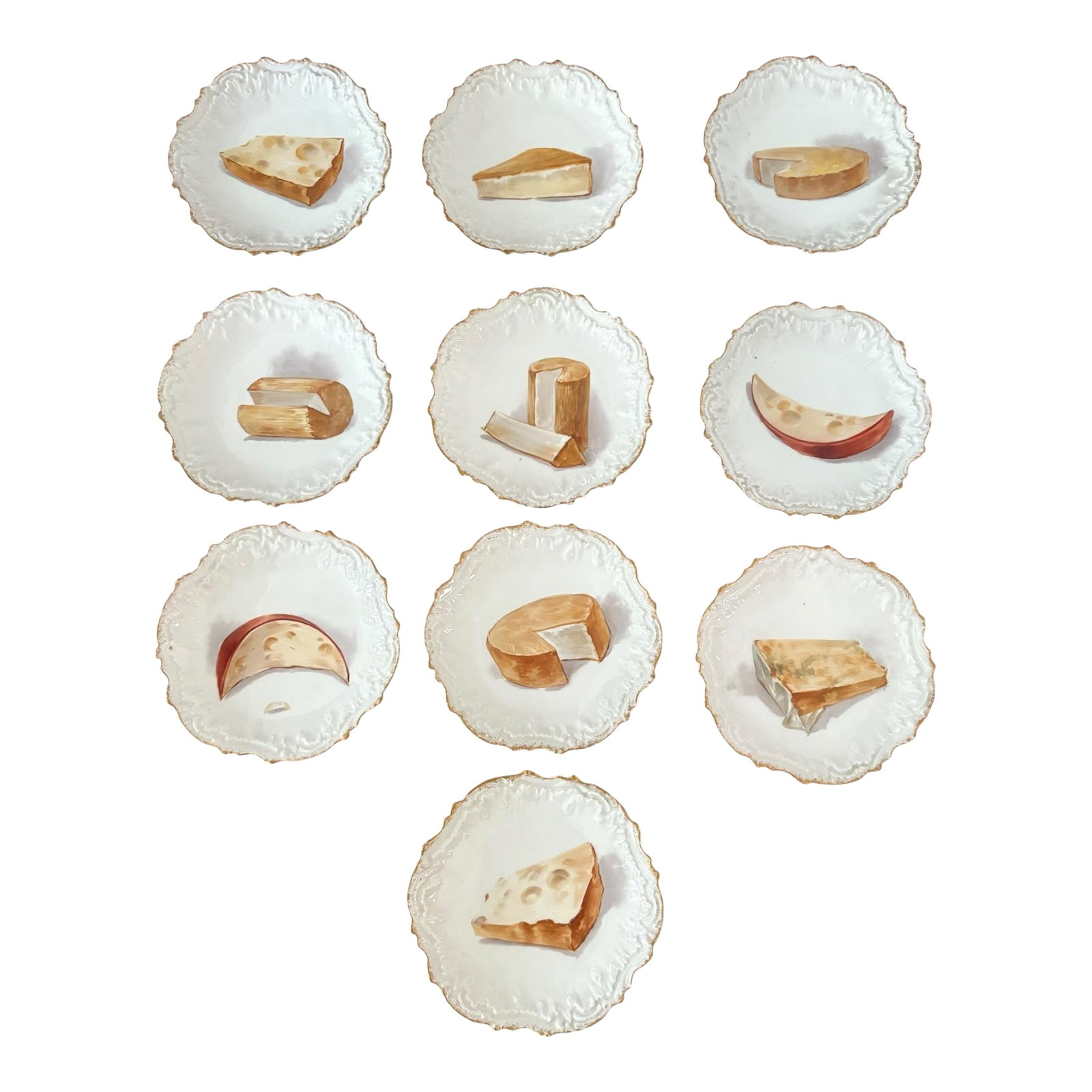 Early 20th Century Antique Hand Painted Formage Cheese Limoges- A Set of 10: Antique circa 1900 hand painted formage or cheese plates. Each plate is a different display of cheese hand painted. Gold leaf scalloped plates that would be great for dining or a decorative plate wall