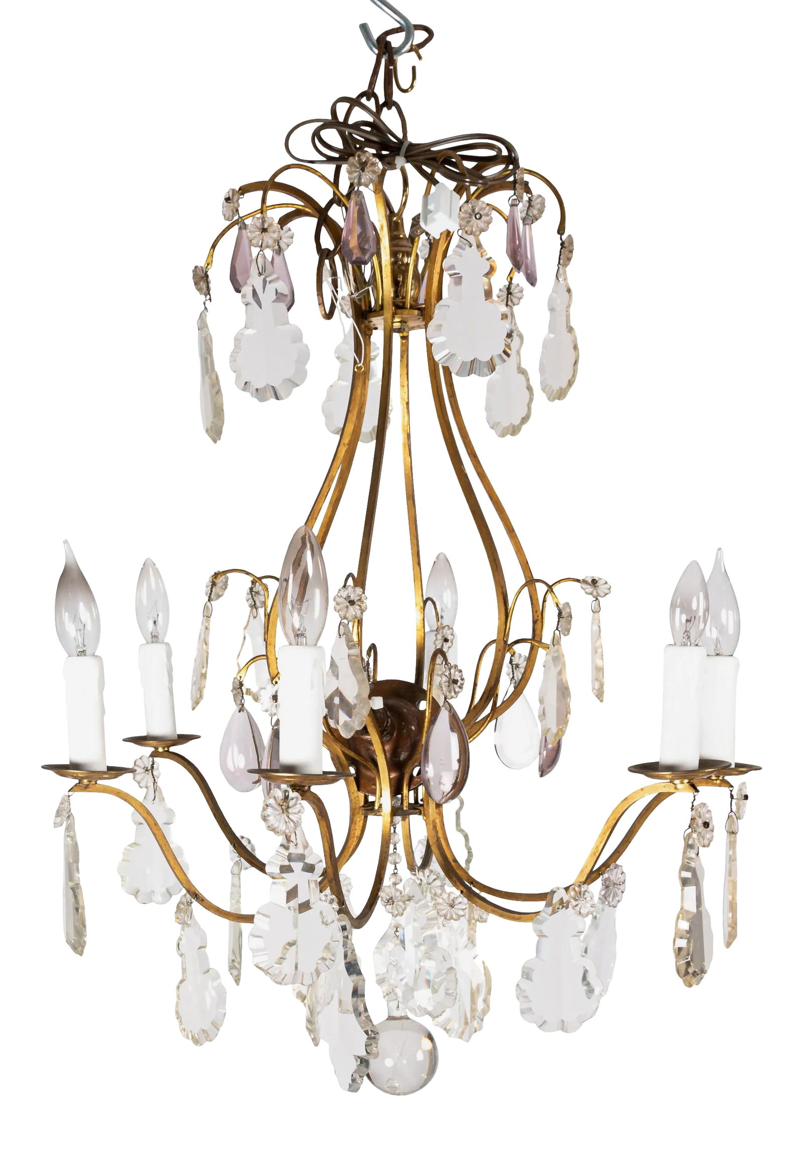 Late 19th Century French Scrolled Brass Chandelier: Exquisite antique six-light pendant chandelier made in France circa late 19th century. Minimal scrolled brass wire body is decorated with faceted crystal pendants. The glass ornaments are a variety