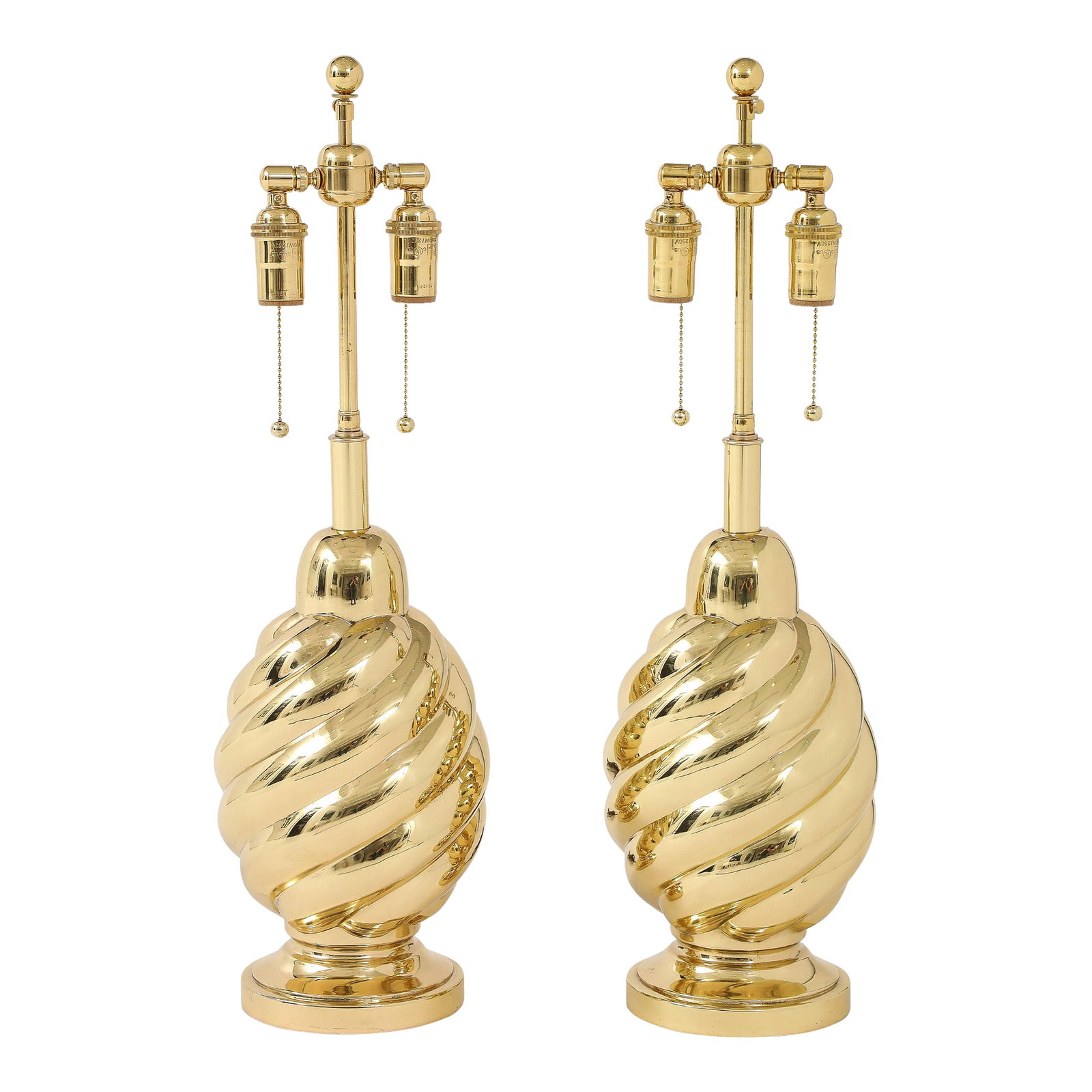 Pair of 1960's Mirror Polished Brass Swirl Lamps by Westwood Industries.: Pair of 1960's swirl lamps by Westwood industries. The lamps have been Newly re plated and have a mirror brass finish. They have been Newly rewired with adjustable polished brass double clusters and s