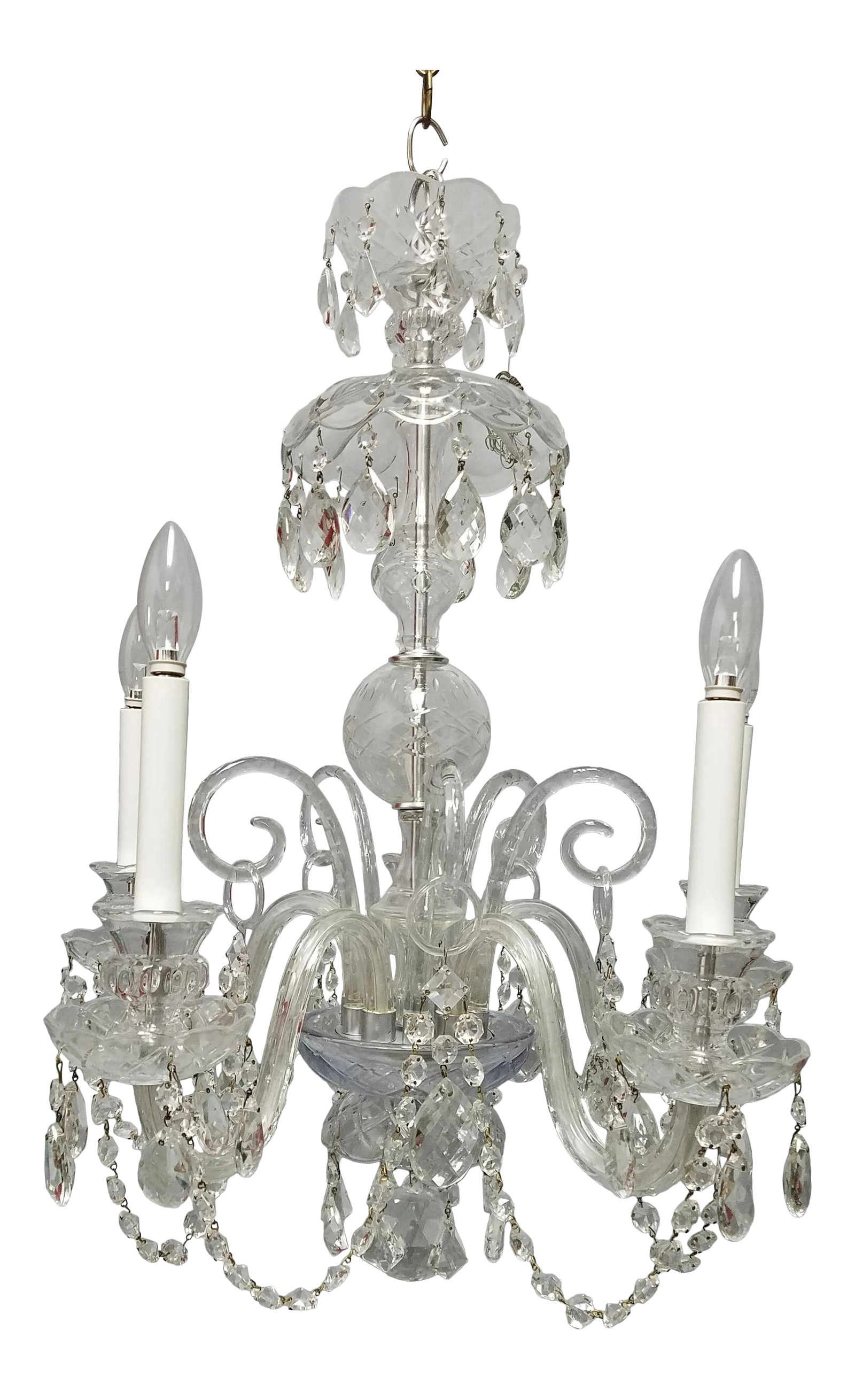1920s Traditional Crystal 5 Arm Chandelier: Fine vintage crystal 5 arm chandelier with Venetian style scroll details. Versatile size with nice original crystal details. Professionally wired, ready to hang. Condition: Alterations: Restored