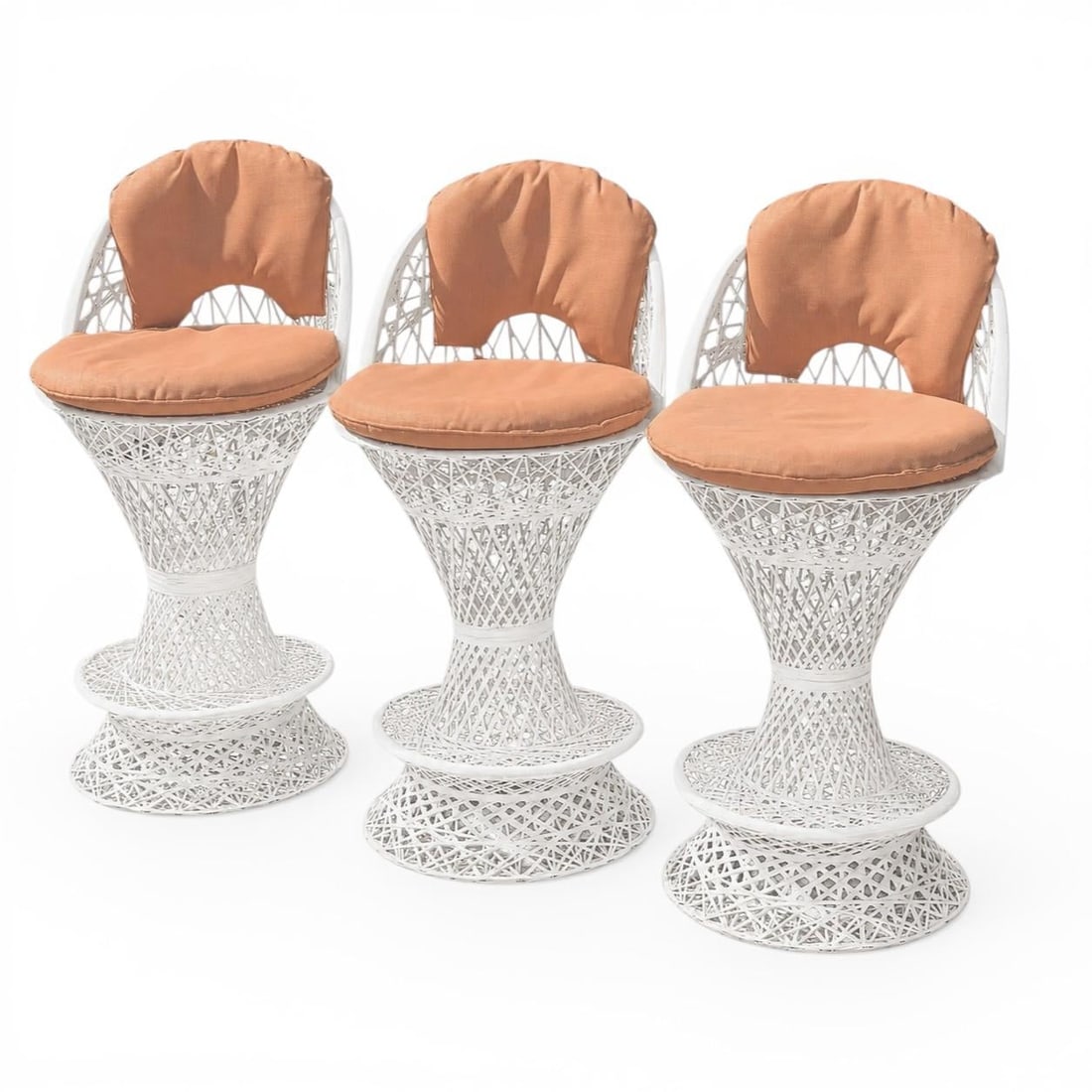 Russell Woodard Spun Fiberglass Barstools - Set of 3: Beautiful set of three vintage Russell Woodard spun Fiberglass patio barstools. Excellent condition, with salmon colored cushions and back rests 41h 29seat h 21w 21d Condition: Alterations: Original