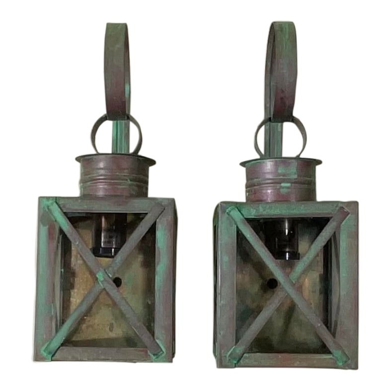 Funky Pair of Solid Copper Wall Lantern -13"h X 5"w X 5".75 D: Pair of wall lantern made of solid copper, protective X bars, weathered patina, with one 75/watt light each. Suitable for wet locations. UL approved, up to US code, ready to use. Fine quality, made