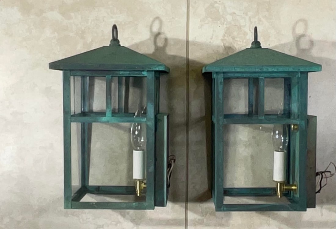 Vintage Pair of Solid Brass Outdoor Wall Lanterns - 13"h X 7".5w X 7".5d - 10
